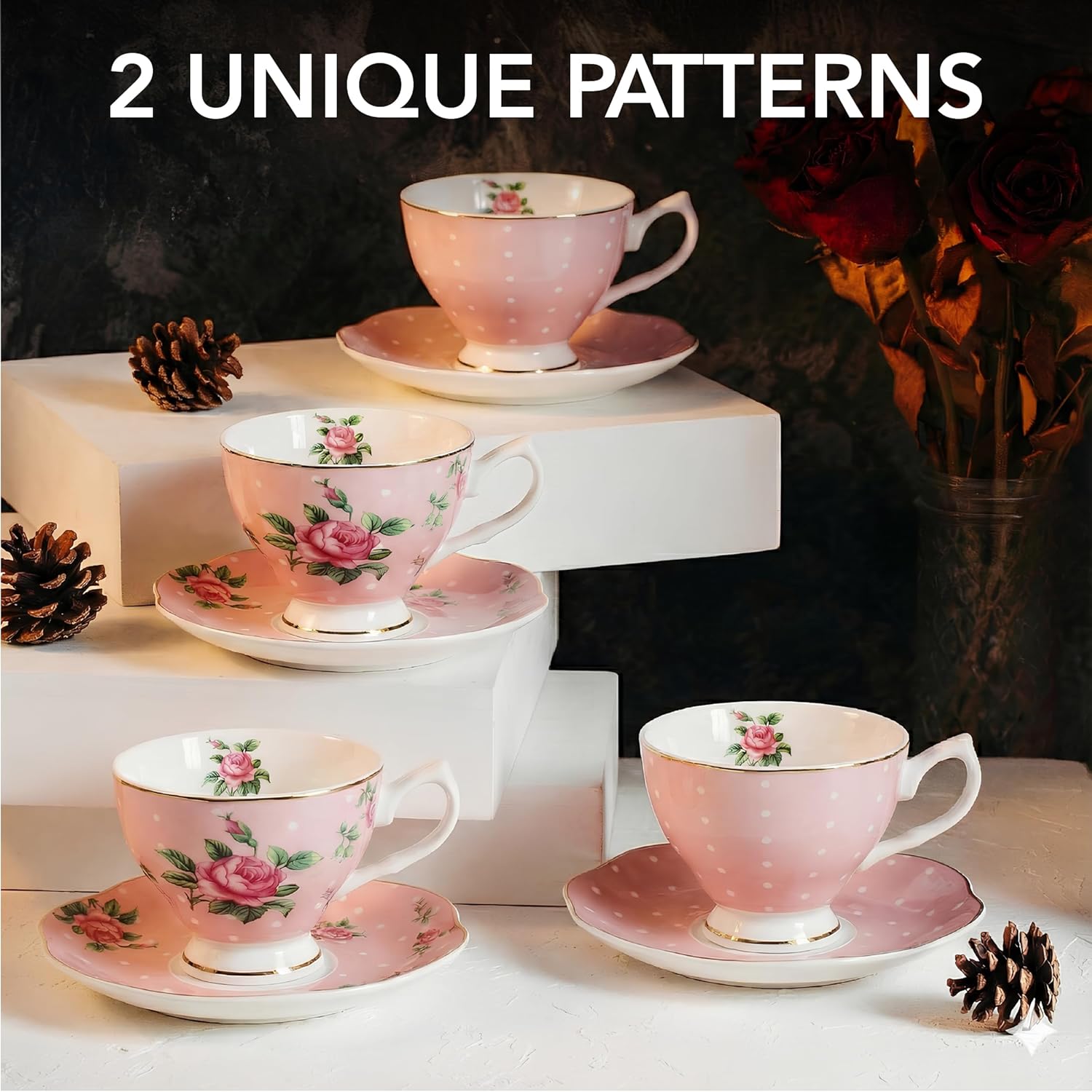 btat- floral tea cups and saucers, set of 4, 8 oz, fine porcelain teacup set with gold trim for afternoon tea, weddings, parties & gifting, dishwasher safe, lightweight, non-toxic, mothers day gift pink 4 pack