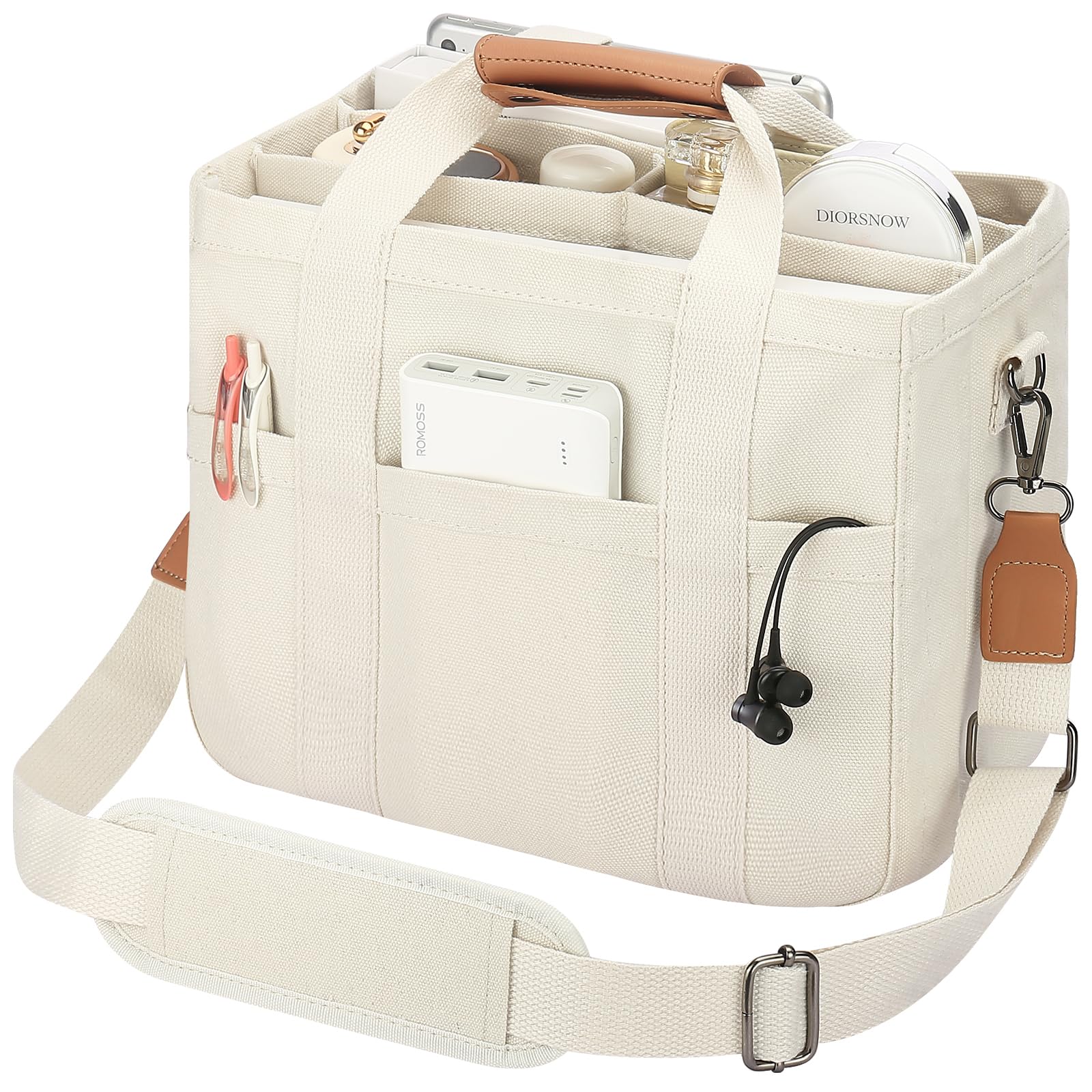 Mossio Large Canvas Tote Bag for Women with Multi Pockets - Laptop Crossbody Shoulder Handbag Everyday Tote with Compartments