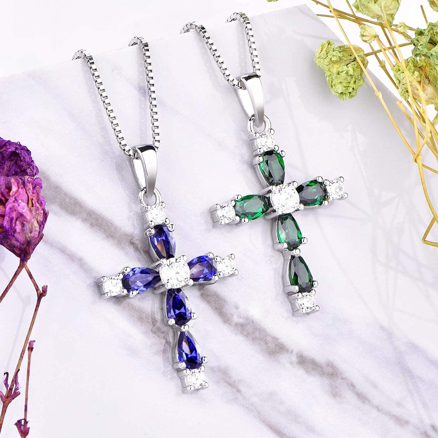 YL Collar Cruz Plata de Ley 925 con 12 Piedras de Nacimiento de Circonita Regalos con Colgante de Crucifijo para Mujeres Mamás, 45-48 CM