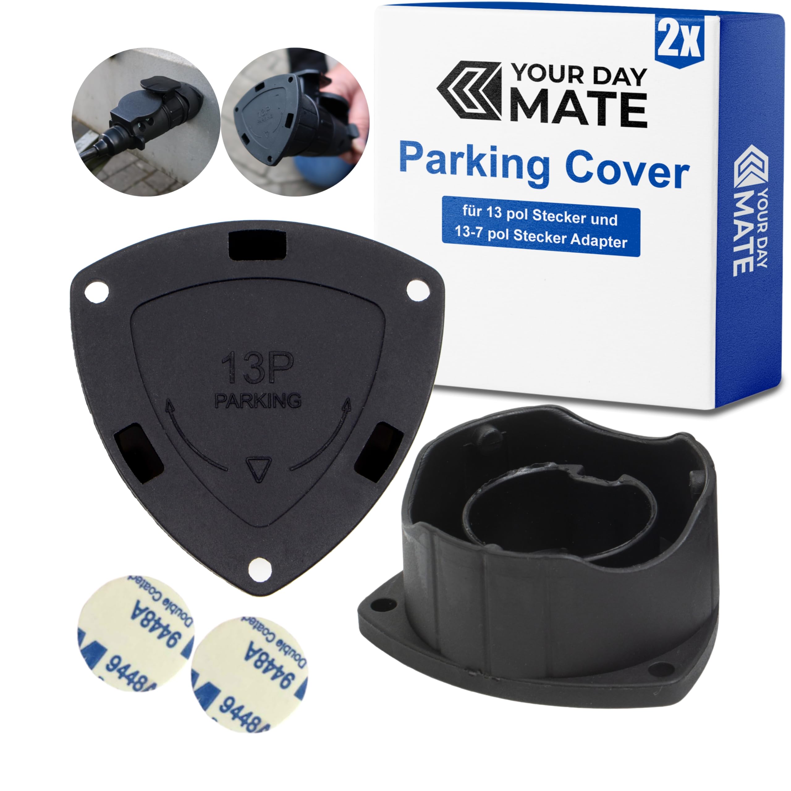 Parking Cover für Anhänger, 2 Pack, in Schwarz, für 13-pol Stecker und 13 auf 7 pol Adapter, zum Ankleben oder Anschrauben, Anhänger Steckerhalter, Hänger Steckerhalterung, Halter Anhängerstecker