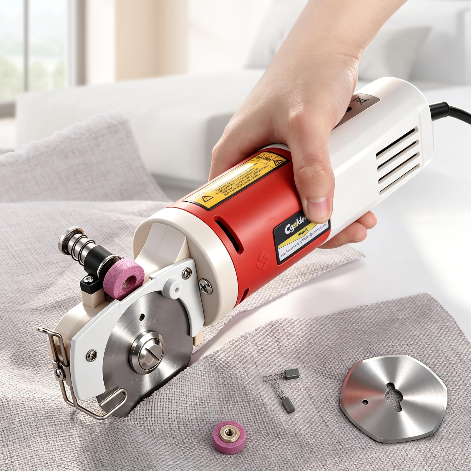 CGOLDENWALL Elektrischer Stoffschneider YJ-65, 65mm Klinge, Textil Leder | 2400RPM, 22mm Max Schnittdicke, Automatisches Schaerfen, Ersatzklinge, 220V