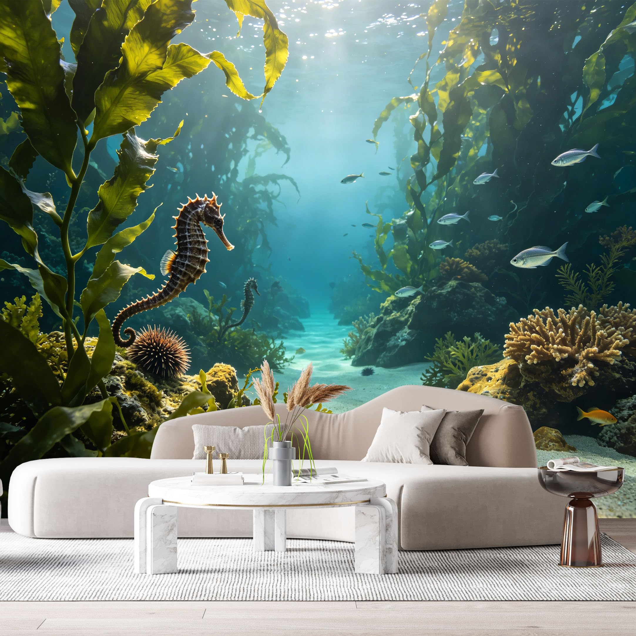 Custom Size Wall Murals Ocean Marine 3D Seahorse Kelp Coral Reef SelfAdhesiveWall Fabric Removable Wallpaper Wall Decor for Living Room Bedroom Bathroom