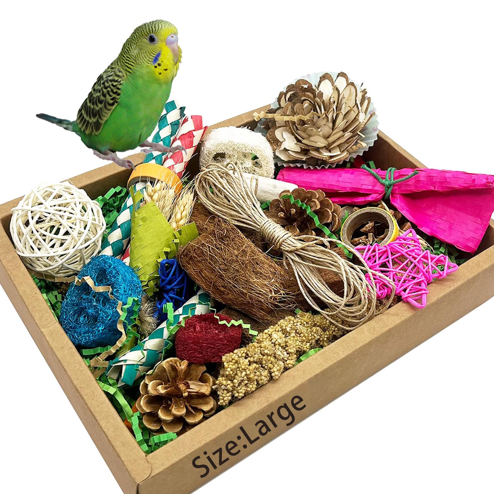 Juguetes coloridos para pájaros con caja de cajón de papel, juguetes de madera para periquitos, loros forrajeros y masticables, juguetes para loros, conures, cacatúas, otros loros y pájaros.
