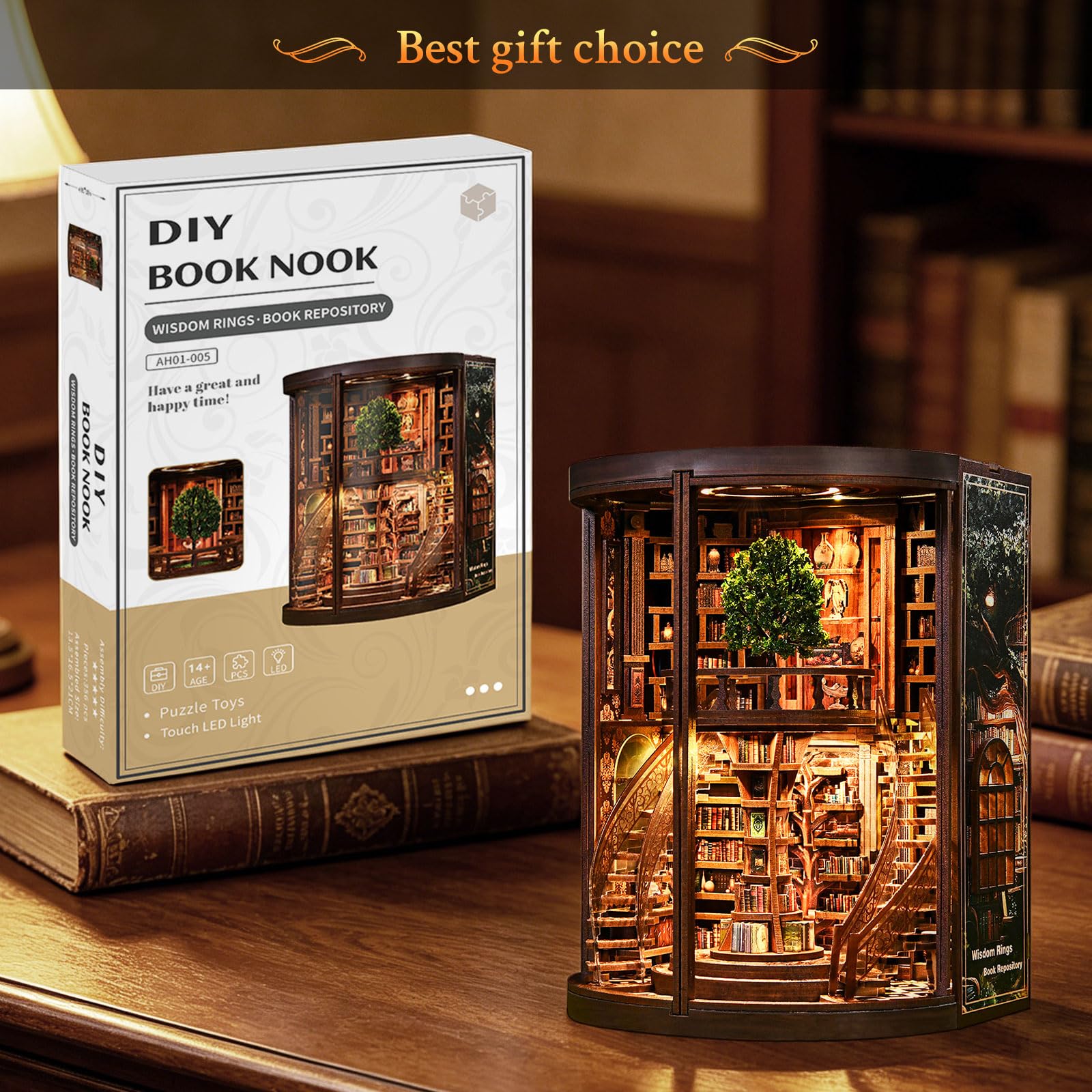 Shrike Book Nook Fantasy- Booknook Wisdom Rings, DIY Buchstütze | 3d-puzzles Miniatur Bibliothek LED & Acryl Front, 356 Teile Holz-Bastelset für Erwachsene ab 14 , Festtagsgeschenke