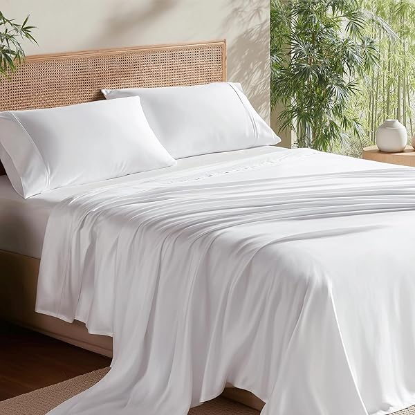 Bedsure King Size Sheet Set, Cooling Sheets King, Rayon Derived from Bamboo, Deep Pocket Up to 16", Breathable & Soft Bed Sheets, Hotel Luxury Silky Bedding Sheets & Pillowcases, White