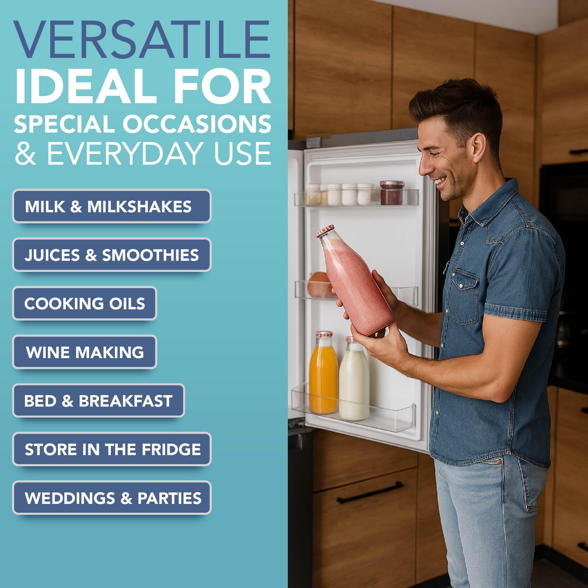 HEFTMAN Bottiglie per latte in vetro con coperchio, vuote, 1 litro, bottiglia per latte in vetro ermetica con coperchio rosso in Gingham, per bevande, liquidi e decorazioni, bottiglie per succhi in