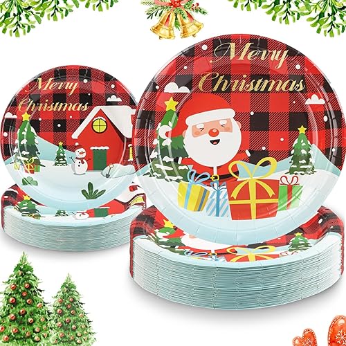 DUOCUTE Platos de papel de Navidad, 40 unidades, 9 pulgadas y 7 pulgadas, platos de papel desechables a cuadros de Papá Noel para Navidad, cena,