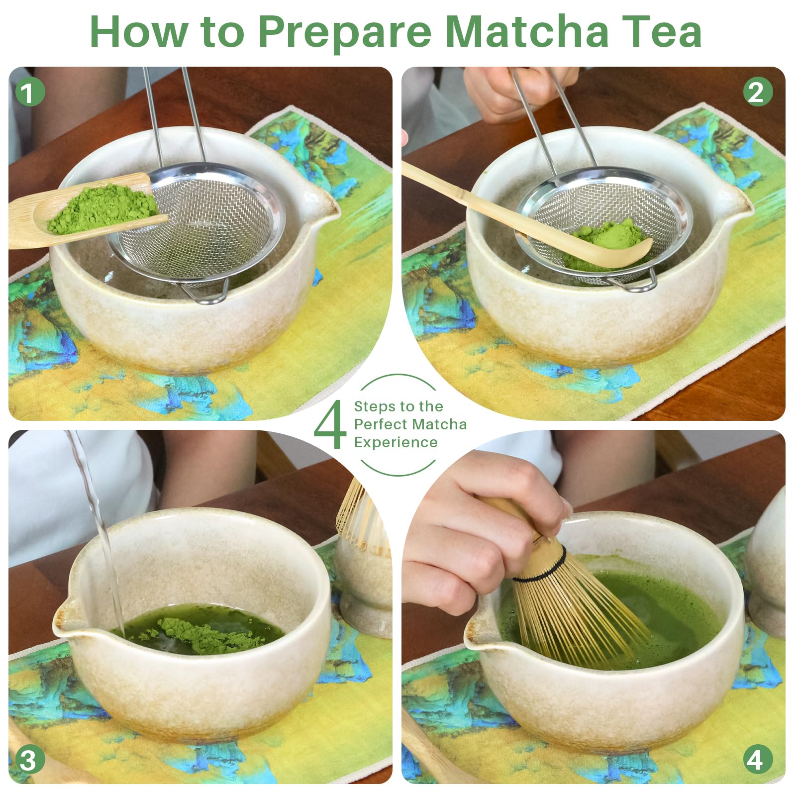 Matcha Kit 8 Piezas - Kit Té Matcha Completo con Tazón de Matcha con Pico, Batidor de Bambú (Chasen) y Accesorios Completos, Perfecto para Ceremonias Japonesas y Lattes Caseros (Blanco) — view 8