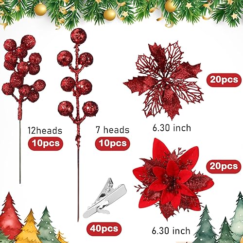 Miniatura 10 de Wavyknot 60 tallos de bayas artificiales con purpurina de 4 estilos, flores de Pascua artificiales de Navidad, adornos de árbol de Navidad, adornos