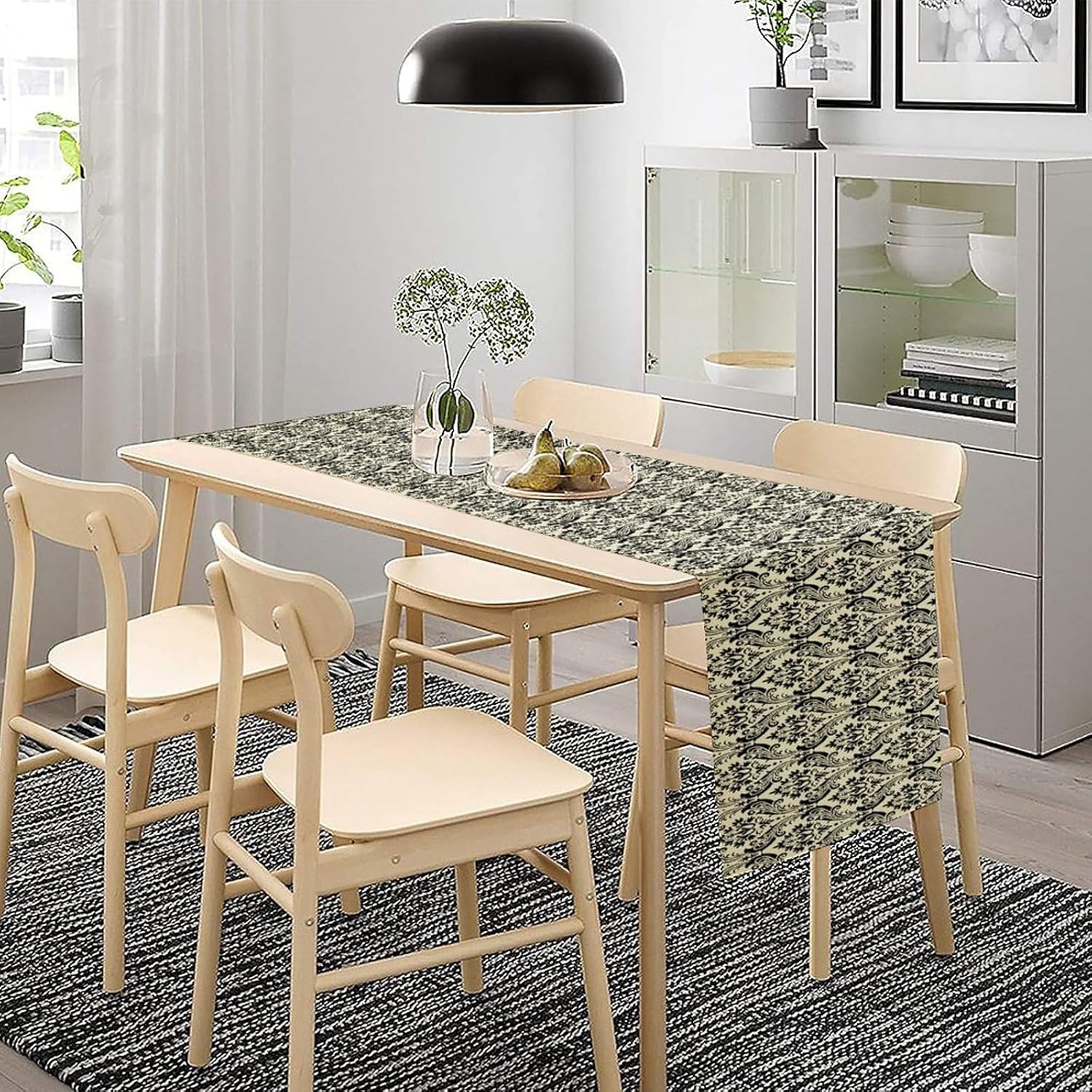 Vintage Damask Pattern Table Runner,Black Beige Textured Table Runner for Kitchen Dining Party Decor 13x120in