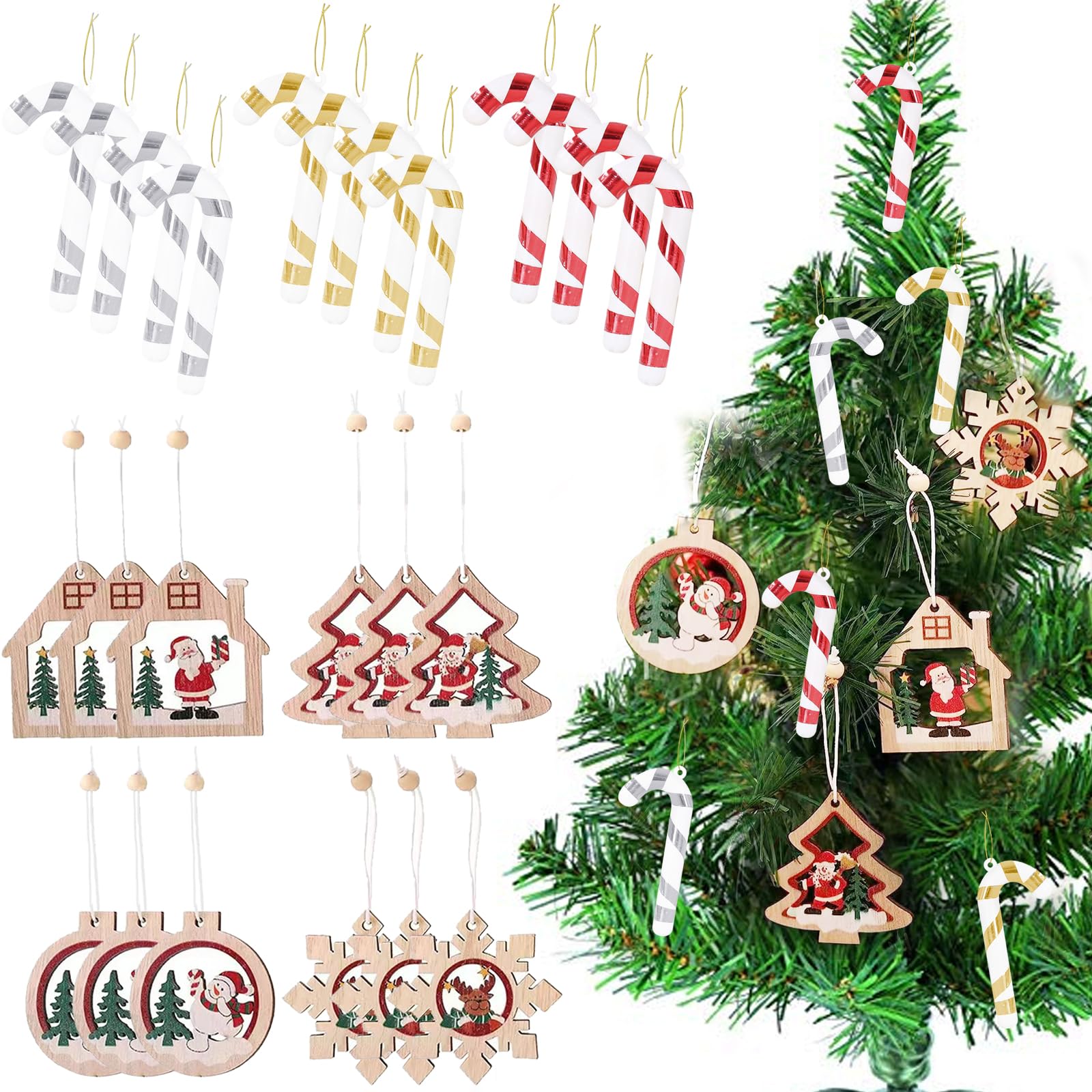 TYXHXTF 24PCS Adornos Colgantes, Adornos Navideños, Decoración Navideña Madera, Árboles de Navidad, Papá Noel Muñeco de Nieve, Decoraciones para Árbol de Navidad Navidad para Fiesta de Navidad