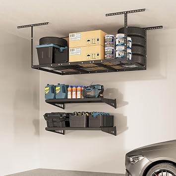 FLEXIMOUNTS 3x6 Overhead Garage Storage Rack, plus 2-Pack 2x4ft Wall Shelving Rack for Bikes and Tools, 450lbs+440lbs Capacity, Black Steel Frame
