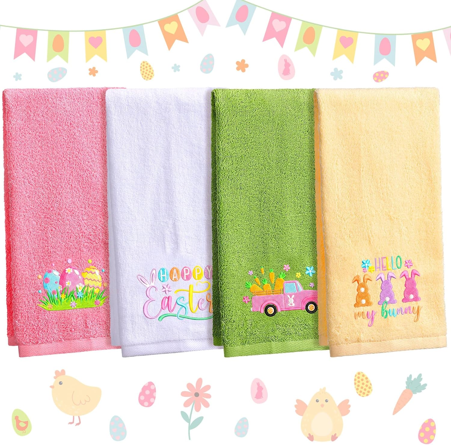Pickmesh 4 Pcs Easter Hand Towels Set Cotton Embroidered Kitchen Towels Bunny Eggs Floral Dish Towels 13.3 x 29 Inches Flowers Decorative Bathroom Gift Set for Holiday Housewarming Gift