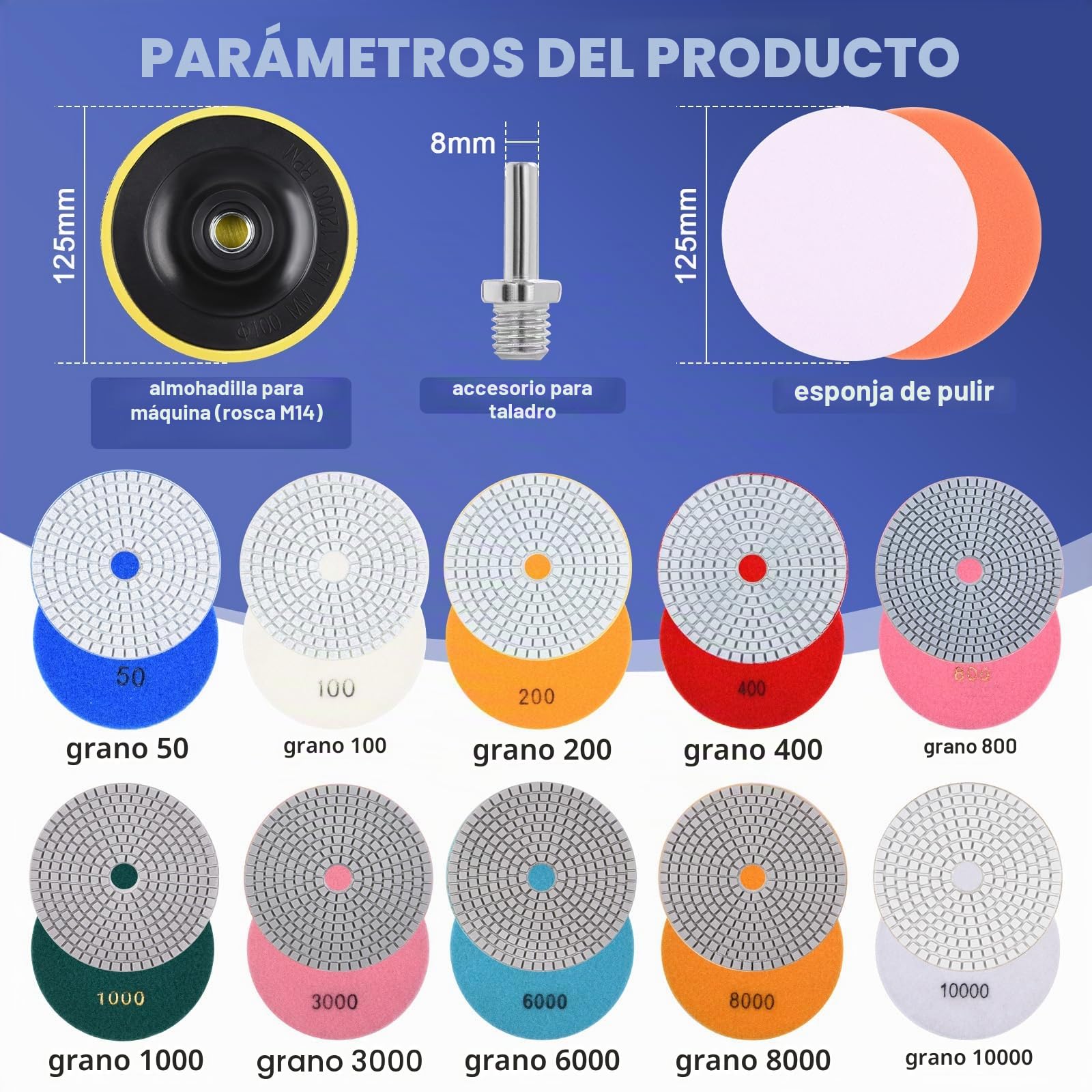 16 discos de pulido de diamante M14, fieltro de lana, juego de mármol 125 mm, almohadillas de lijado granito, hormigón, azulejos, piedra, 50-10000