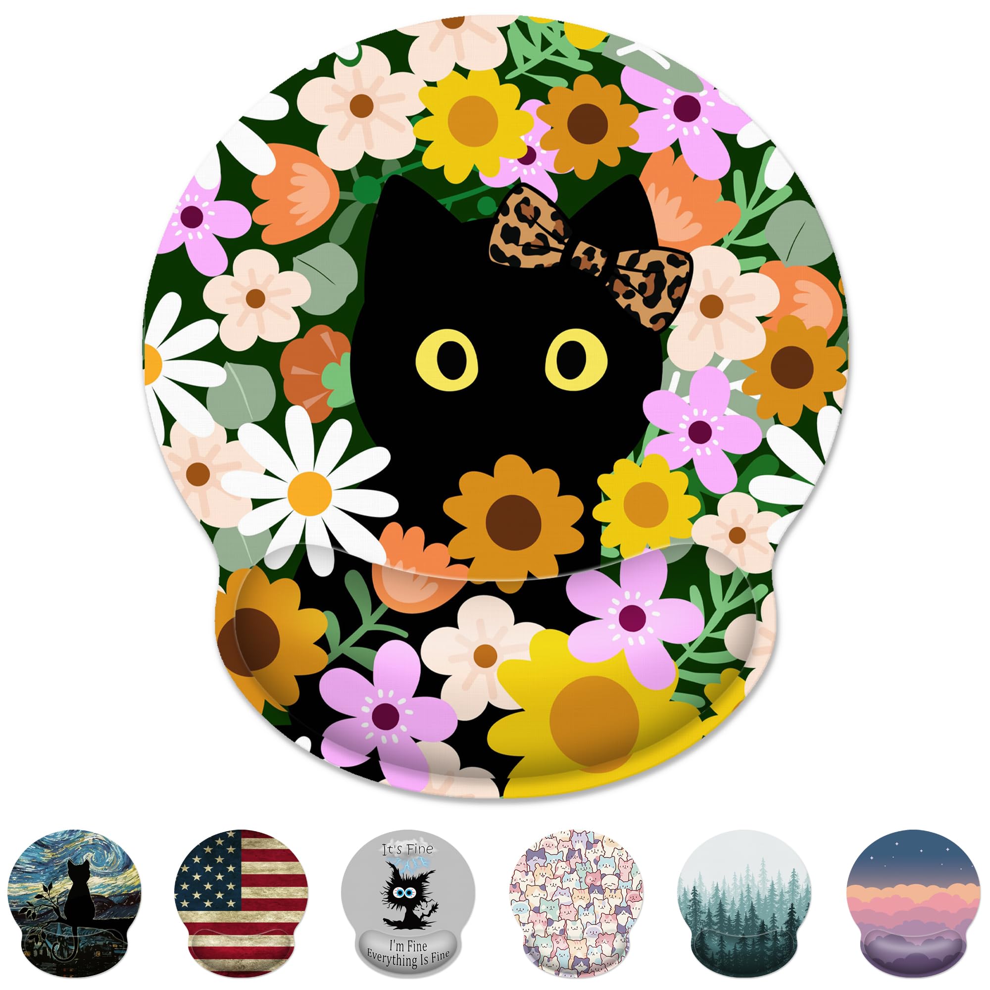 Ergonomic Mouse Pad with Wrist Support,Flower Cute Black Cat Mouse Pad with Wrist Rest,Relieve Wrist Pain Mousepad Non-Slip Rubber Base,Mouse Pads for