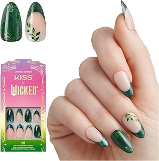 KISS X WICKED: FOR GOOD Press On Nails Almond, ‘Dreams Take Flight’, Green, Medium, Waterproof, Chip Proof, Smudge Proof, 28 Fake Nails, Pink Gel Nail Glue (2g), Mini Nail File, & Manicure Stick