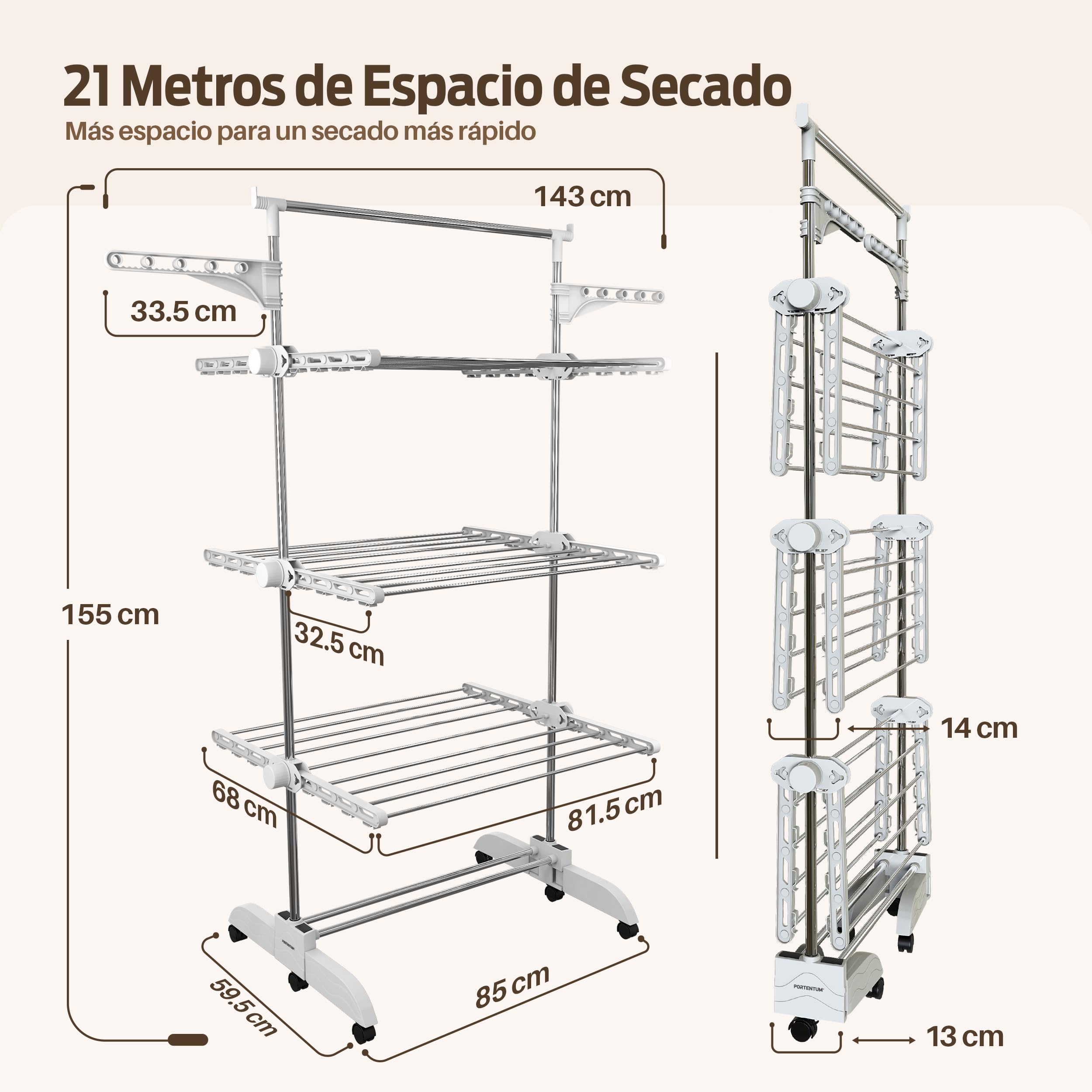 PORTENTUM Tendedero Vertical Plegable 14 cm – 5 Niveles y 58 Ganchos para Perchas – hasta 40 kg – Tenderete 24 Barras de Secado de Acero Inoxidable – Interior y Exterior – Ruedas giratorias con Freno