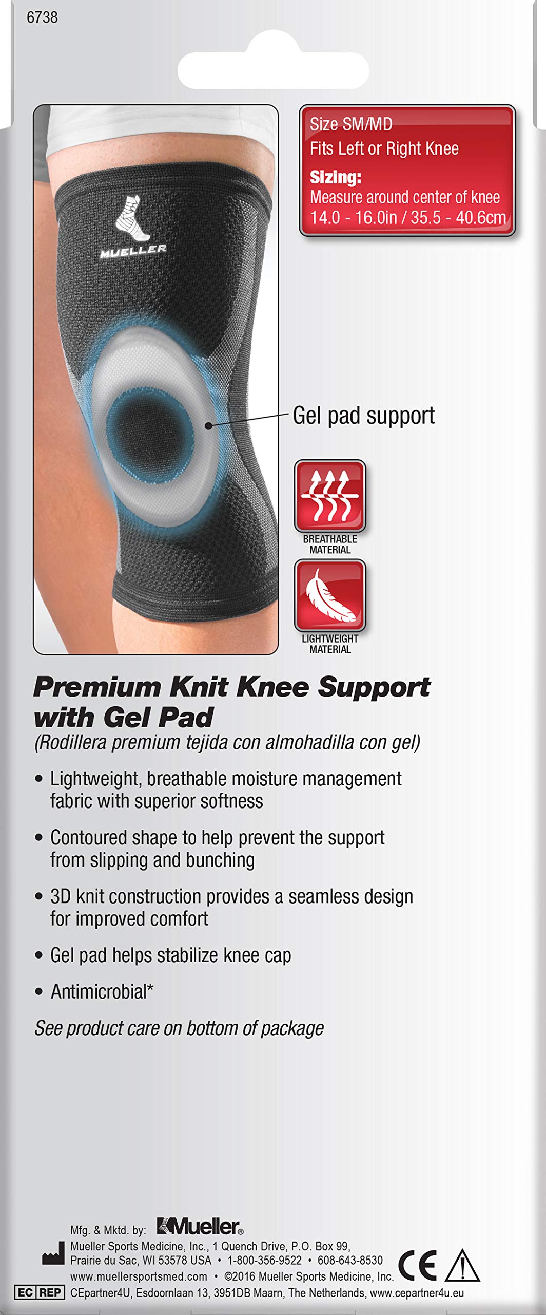 Mueller Premium Knee Support with Gel Pad, Black, S/M
