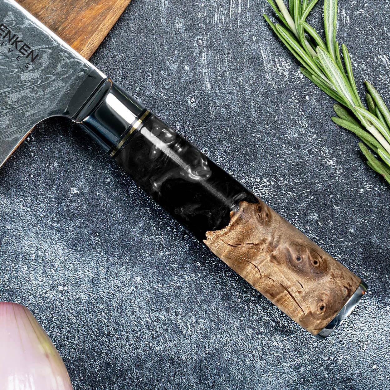 SENKEN 7-Piece Damascus Kitchen Knife Set - Tsunami Collection - 67-Layer Japanese VG10 Steel - Chef's Knife, Cleaver, Santoku, Bread, Boning, & More (Black Resin Blend) image 9 of 9 B0D461C5JT