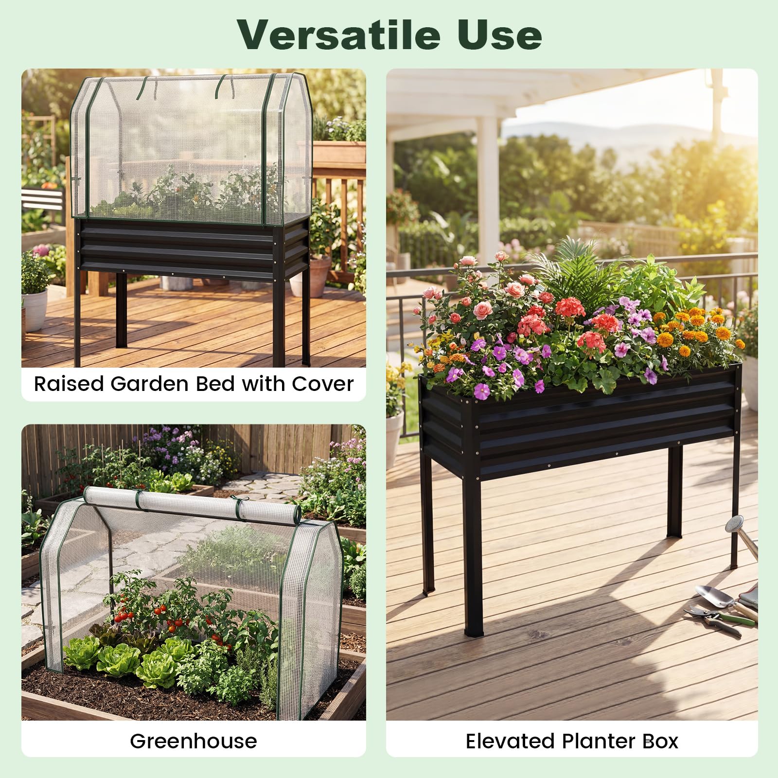 FANTASK 3 in 1 Pflanzkasten mit PE-Abdeckung, 112 x 55 x 152 cm, erhöhtes Hochbeet mit rollbarer Tür, Gartenbeet aus verzinktem Metall, Pflanzbeet, Kräuterbeet für Garten Balkon Terrasse (Schwarz)