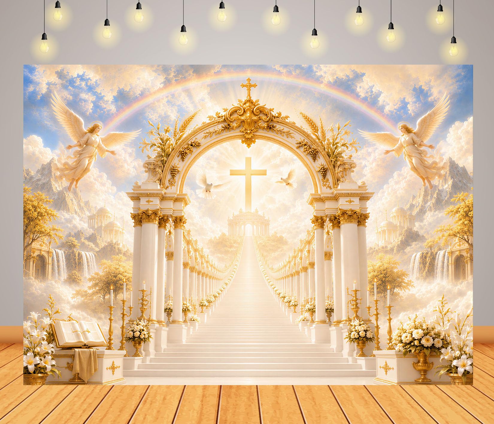 10x8FT (3x2.5m) Porta Del Cielo Arcobaleno Sfondo Fotografico | Arco Angelico Fondale In Tessuto Resistente,Portale Dorato Arcobaleno E Cascate,Feste Religiose,Personalizzabile,Photo Booth