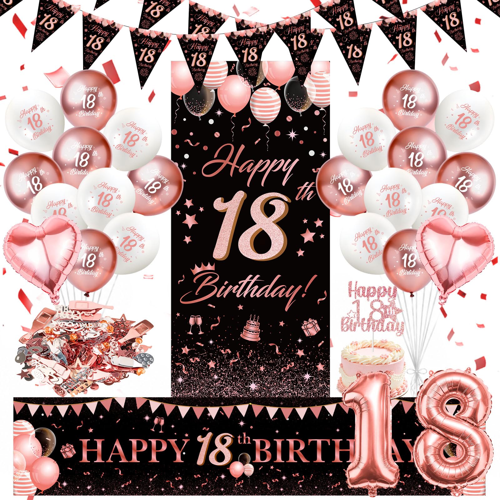 WenmthG Deko Geburtstag Mädchen, Geburtstag Deko Schwarz Rose Gold Set mit lange Banner, Luftballons, Konfetti, Dreieck Flagge Banner, Geburtstags Dekorationen zum Geburtstagsparty