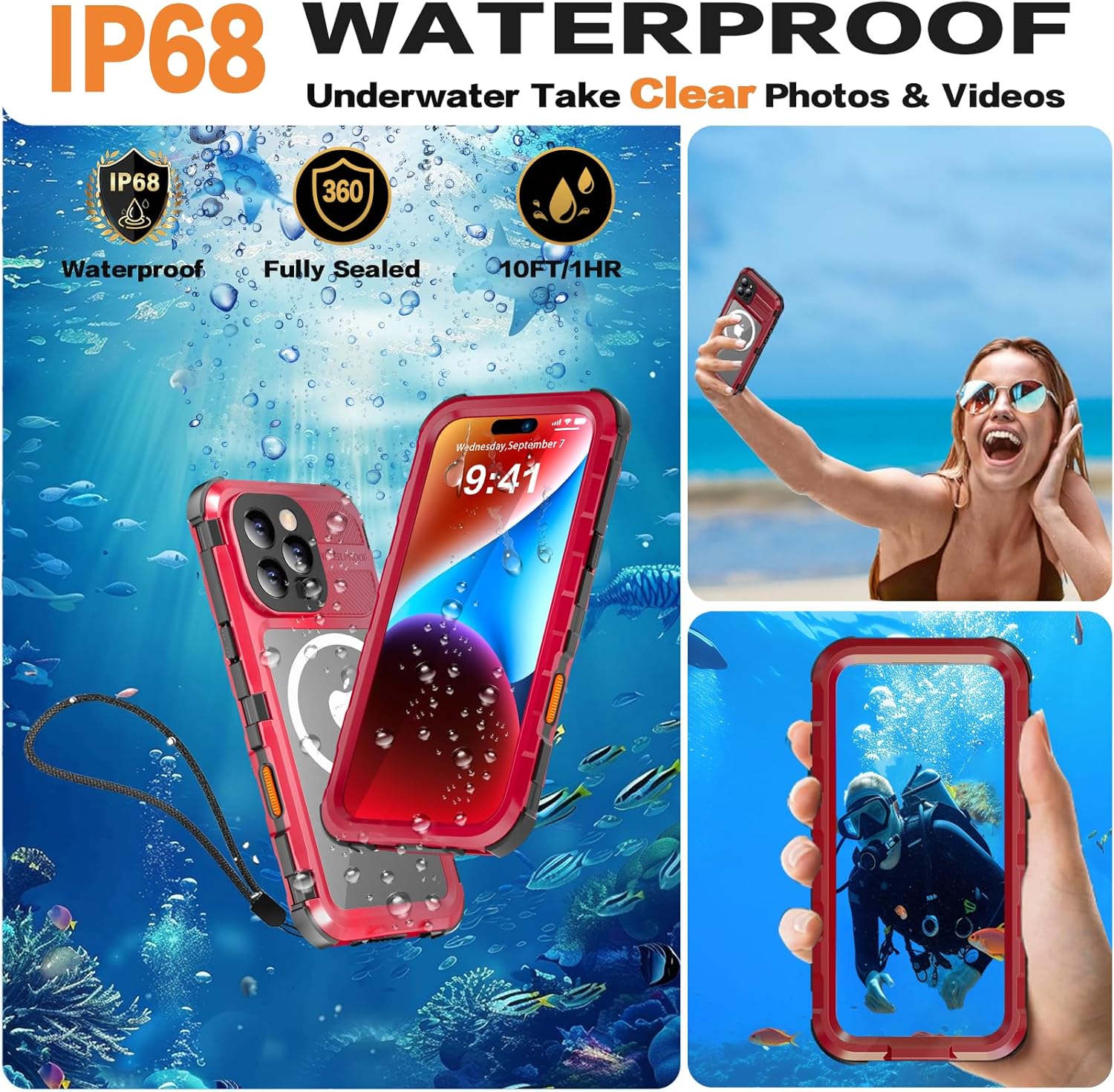 for iPhone 16 Pro Max Waterproof Case Compatible with MagSafe, IP68 Underwater Case Built-in Screen Protector, Heavy Duty Metal 360° Full Body Protection, 12FT Military Grade, 6.9 Inch (Red) - Image 3
