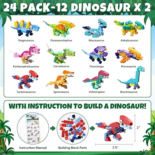 Miniatura 3 de Partylamb Bloques de construcción de regalos para niños, 24 paquetes de bloques de construcción de dinosaurios con tarjetas de regalo, regalos de