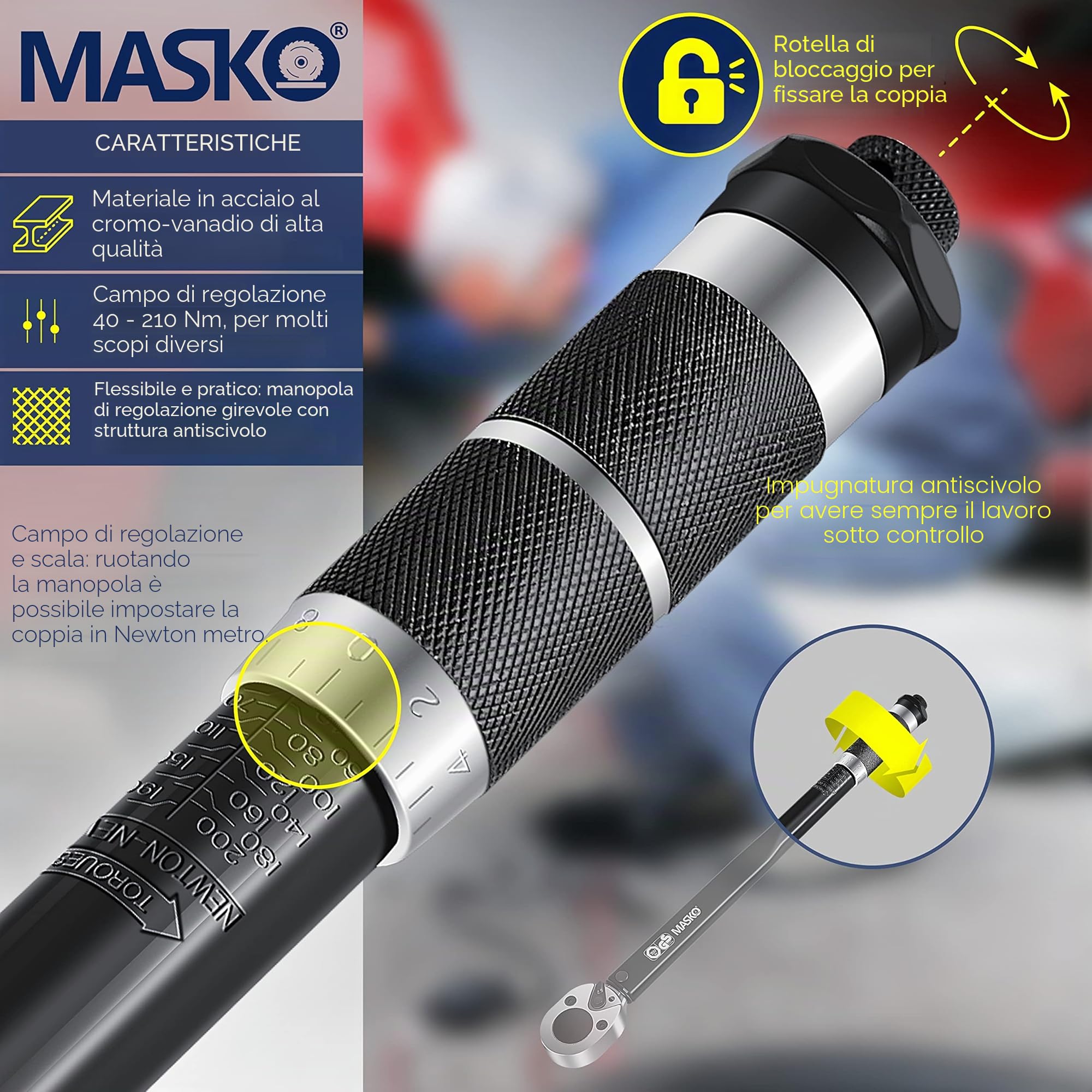 Masko® Chiave dinamometrica 6 pz. Set 40-210Nm 1/2 ' CV con 3 attacchi da 17 mm, 19 mm, 21 mm e prolunga da 125 mm con custodia +/- 4% di tolleranza chiave per pneumatici chiave dinamometrica