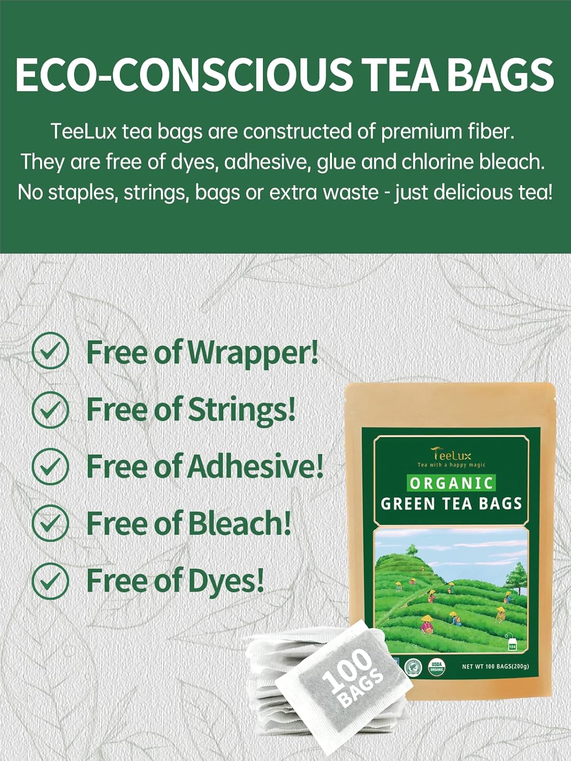 TeeLux Organic Green Tea Bags, Super Antioxidant Green Tea, 100 Count Tea Bags to Support Overall Health : Grocery & Gourmet Food
