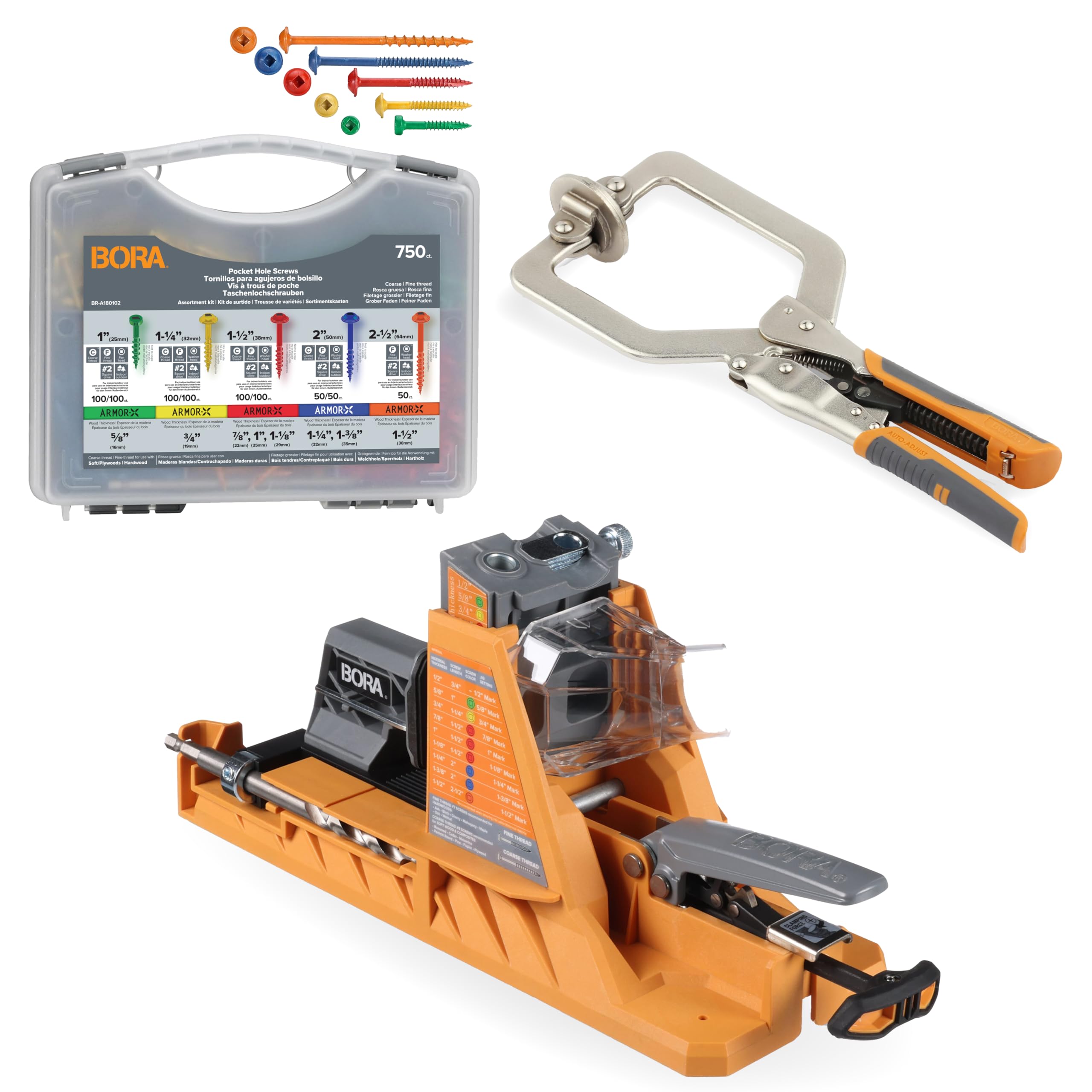 BORA Automatic Pocket Hole Jig with 750 pc Screw Set &amp; 3 inch Face Clamp, Auto Adjusting Drill Guide, Pocket Hole Jig Kit for Woodworking - For Materials 1/2 inch to 1 1/2 inch Thick