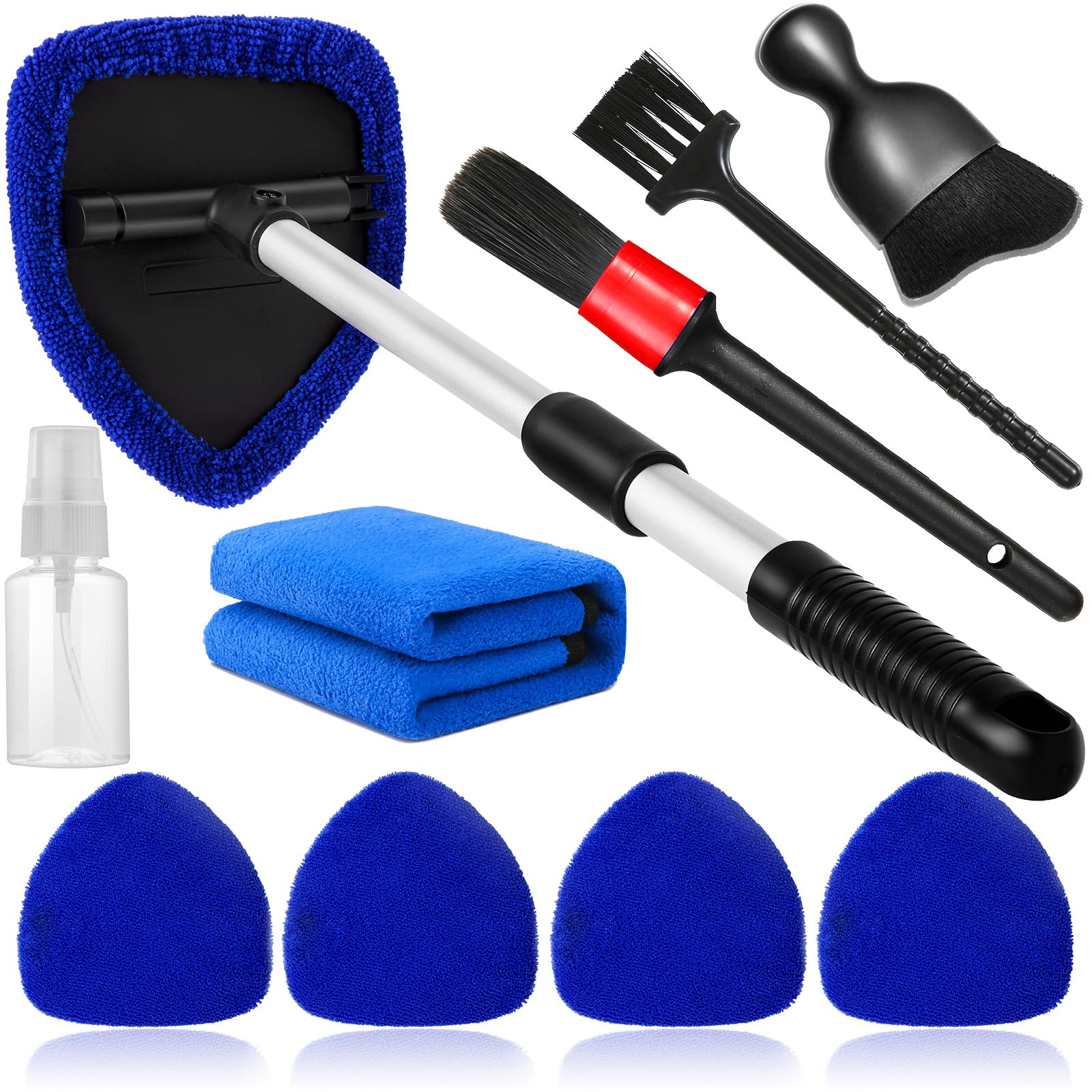 10pcs Windshield Cleaning Tool Inside Car Window Cleaner Wash Kit with 4 Reusable Microfiber Pads 1 Spray Bottle and Extendable Handle Interior Auto Glass Wiper Kit, Blue