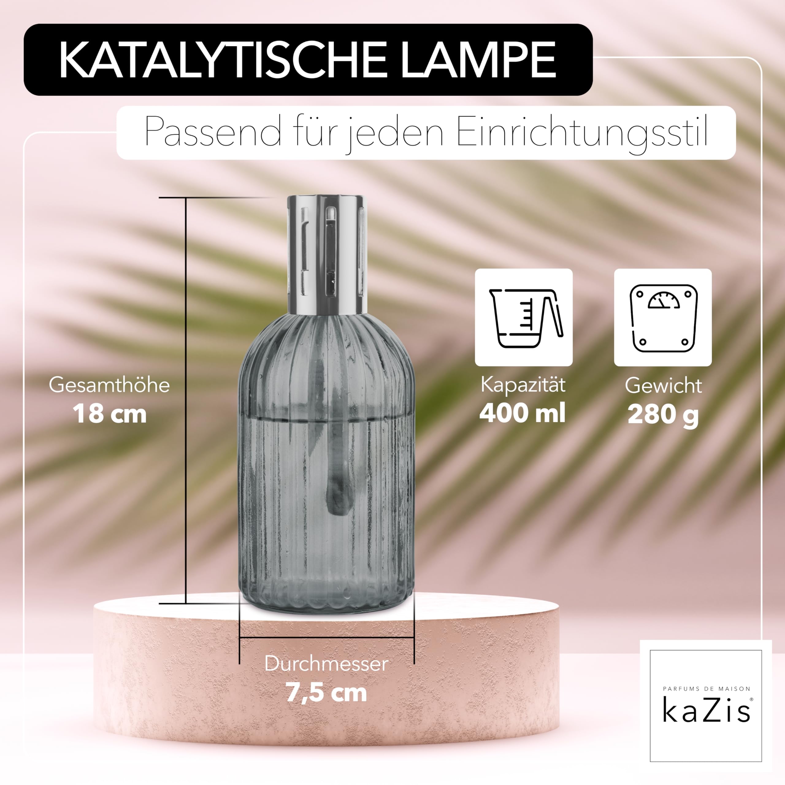 KAZIS® I lampada catalitica profumata I vetro I XXL I 400 ml (grigio)