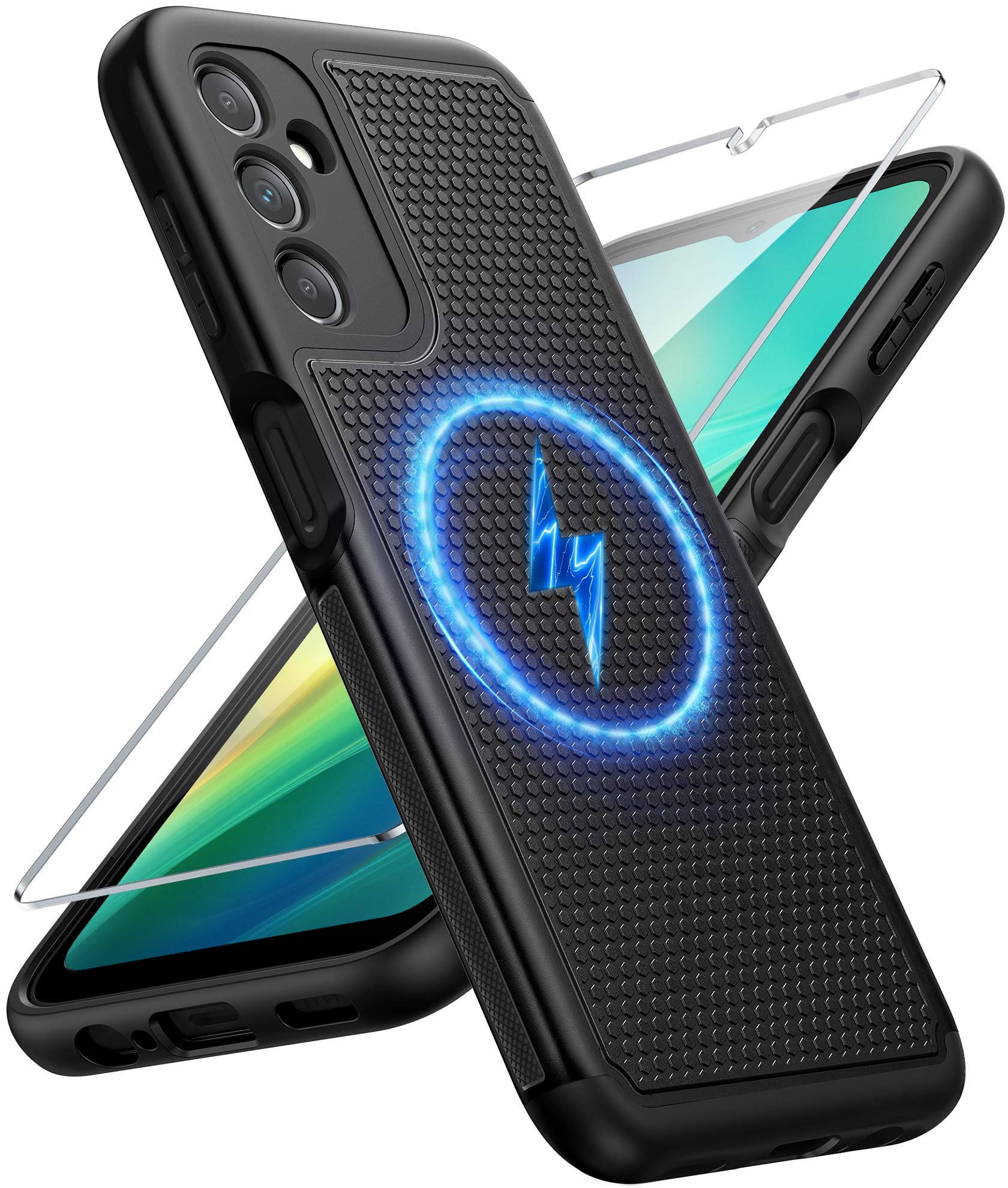 FNTCASE for Samsung Galaxy A14-5G Phone Case: Compatible with MagSafe | With Screen Protector, Dual Layer Shockproof Drop Protection, Non Slip Matte Textured Protective Magnetic Cover, Black