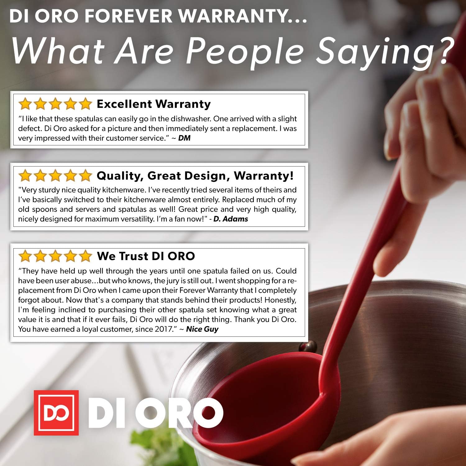 New DI ORO Seamless Series Silicone Kitchen Soup Ladle – 600°F Heat-Resistant Serving and Rubber Cooking Spoon – Maximum Bowl Capacity – Dishwasher Safe with a Heavy-Duty Stainless-Steel Core (Red): Home & Kitchen