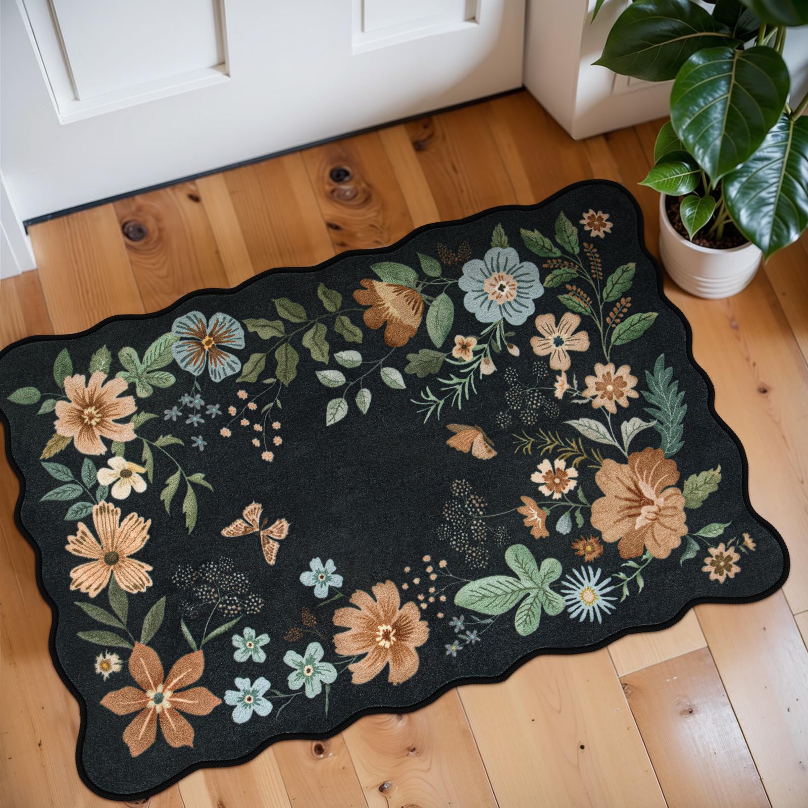 Lahome Floral Entryway Rug, 2X3 Washable Kitchen Rug Ultra-Thin, Non-Slip Soft Door Mat Indoor Entrance Stain Resistant Boho Small Low-Pile Throw Carpet for Bathroom Bedroom(2x3ft,Black/Grey
