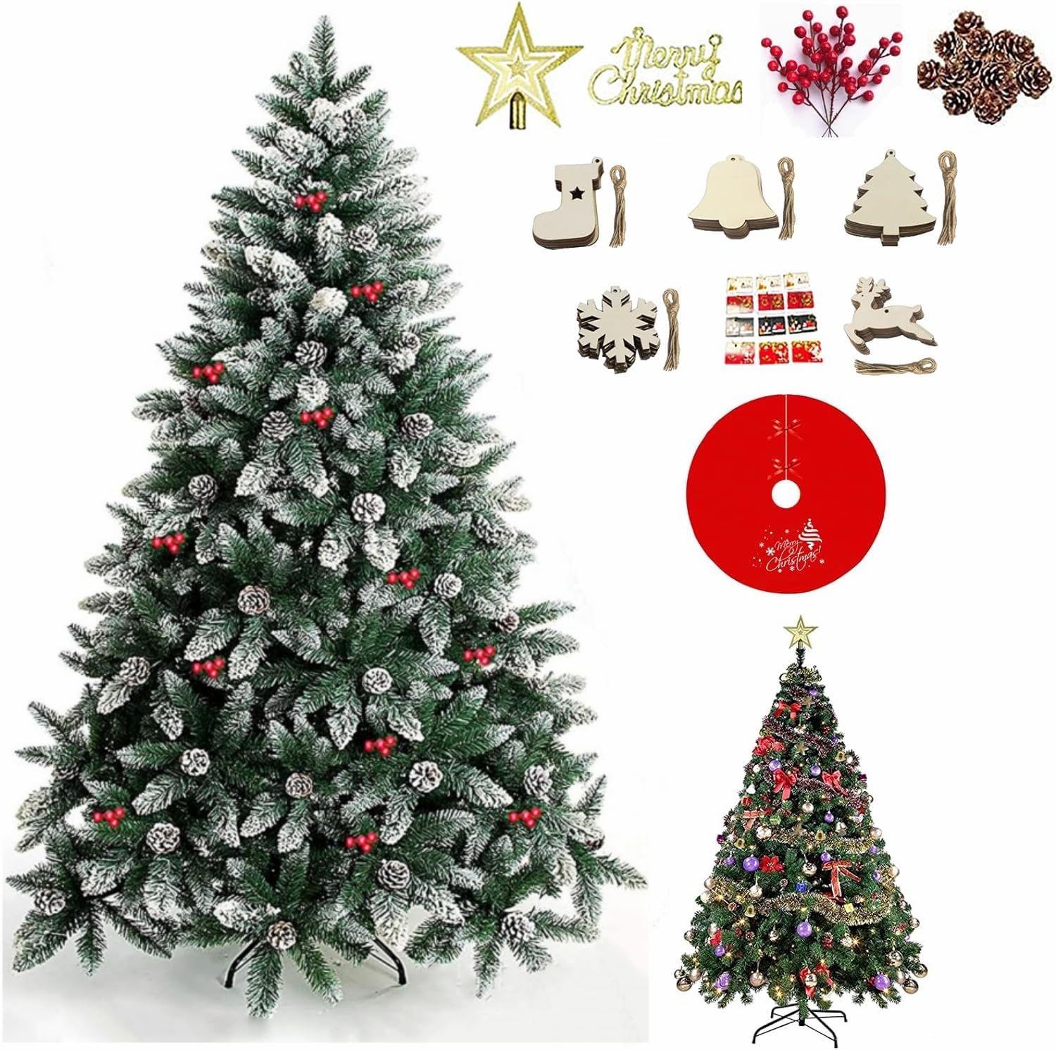 Artificial Christmas Tree 6ft 1250 Branches Flocking Spray White Xmax Tree with Pine Cones Easy Assembly, Iron Stand, for Home, Including12 Accessories Tree Skirts