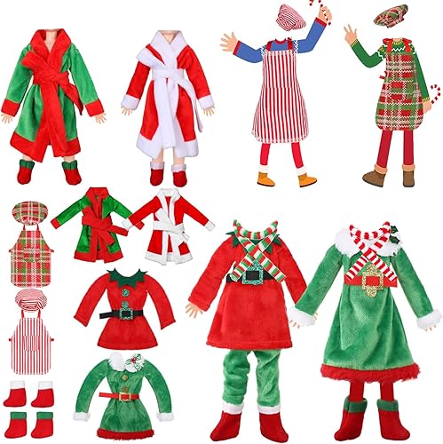Jenaai Juego de 12 piezas de accesorios de muñeca elfo de Navidad, ropa de elfo, mini atuendo, incluye falda de muñeca, chaleco esponjoso, albornoz,