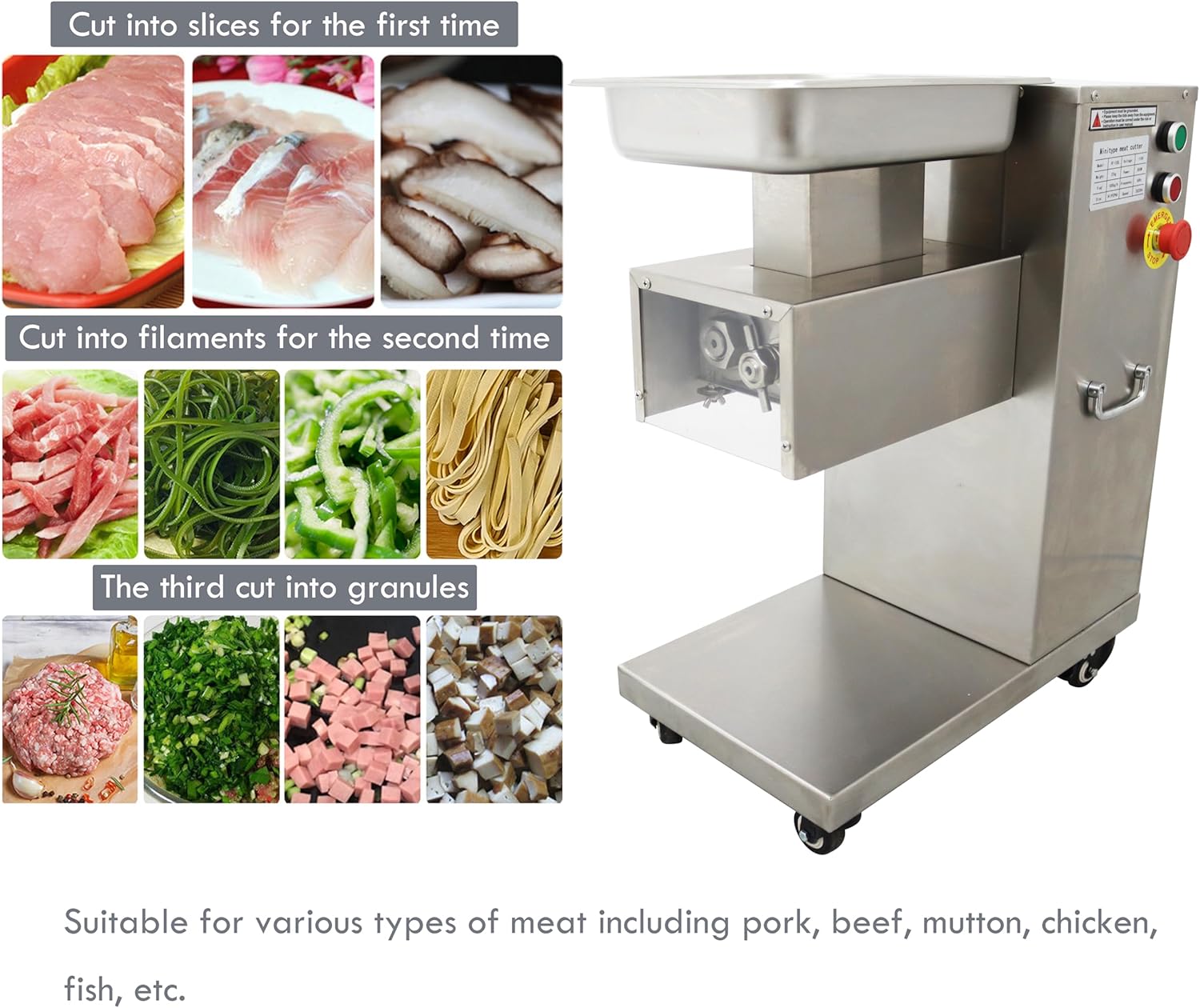 TECHTONGDA 8mm Meat Cutter Commercial Electric Slicer Stainless Steel Shredded Diced for Steak Beef Pork Meat 5.7×3inch Feed Inlet