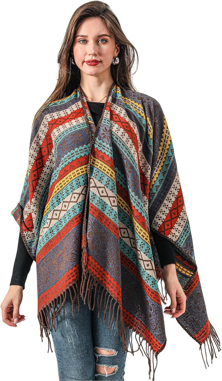 Shawl Wraps for Women Knitted Tassel Poncho Cape Retro Vintage Boho Scarf Bohemia Cover Ups - Image 2