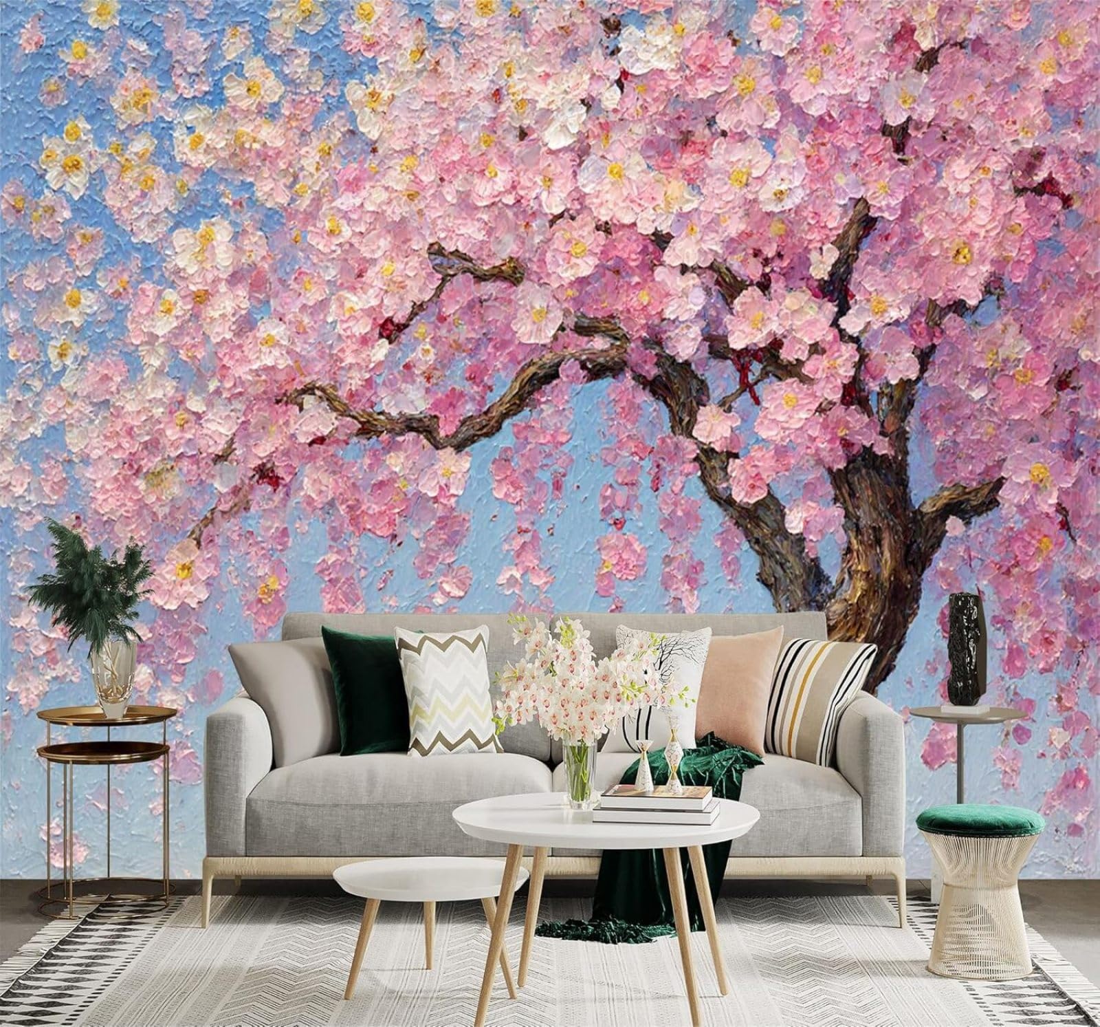 XLMING Hand Drawn Pink Cherry Blossoms Trees Abstract Blue Sky 3D Wallpaper Silky Texture Home Study Office Grey Dining Room Sofa Bedroom Living Room TV Backdrop-430cm×300cm