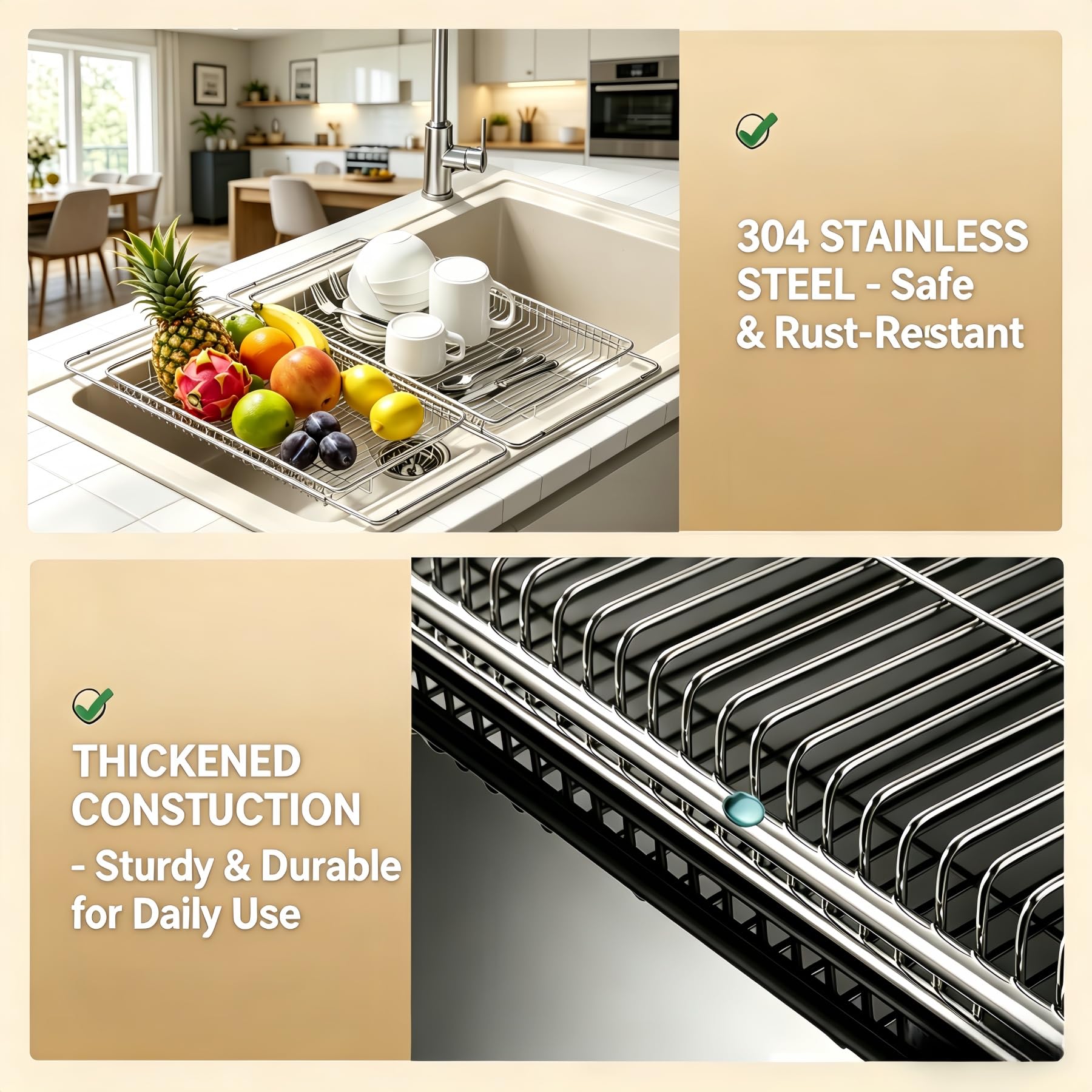 Escurreplatos extensible de acero inoxidable sobre el fregadero de la cocina, estante de enjuague de verduras y frutas, drenaje compacto, cesta de bandeja de secado de platos, organizador de