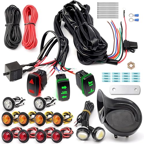 Pre-Wired ATV UTV Turn Signal Kit, Universal Dirt Bike Street Legal Kit with Horn Reverse Hazard Turn Light Rocker Switch & Flasher Relay Fuse, Side by Side Blinker Kit for Polaris Can-Am Golf Cart