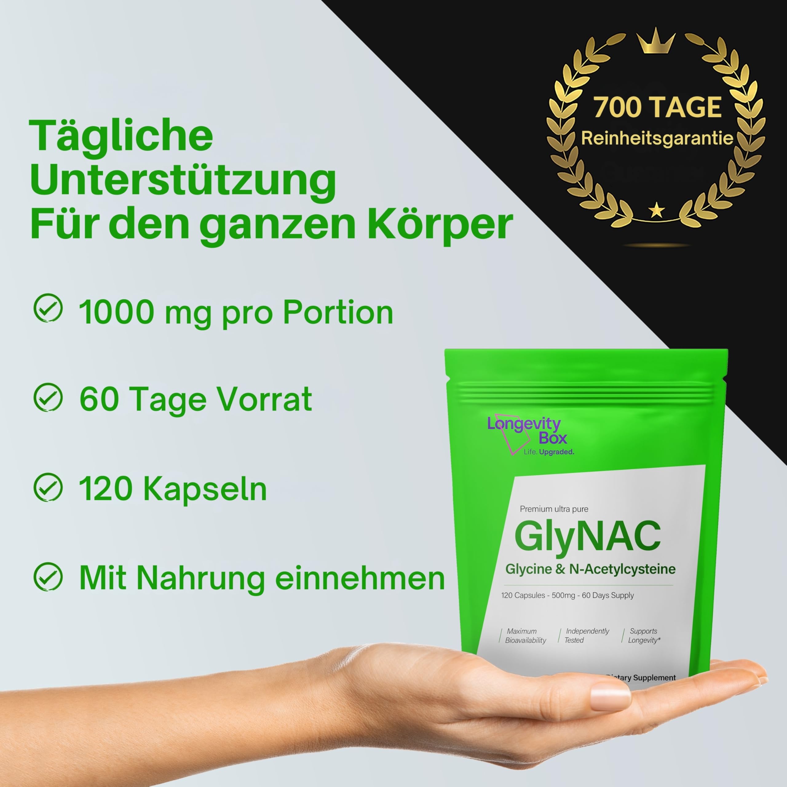 GlyNAC 1000 mg – 500 mg Glycin + 500 mg NAC – 120 vegane Kapseln für Glutathion, Energie & gesundes Altern