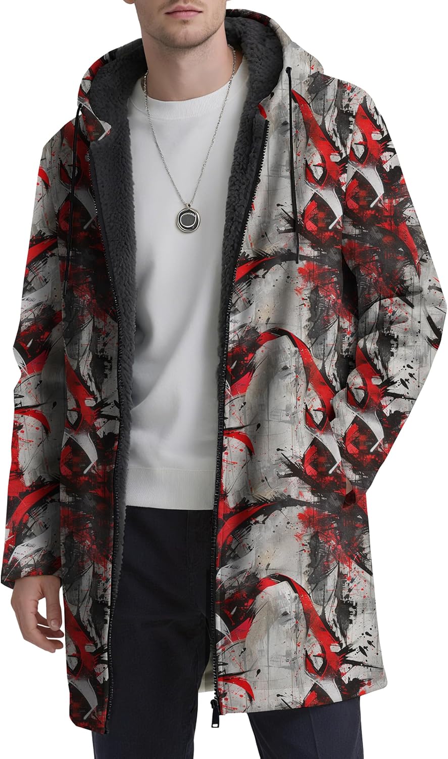 Mens Graffiti Printed Cardigan Hoodies Full Zip Up Long Sherpa Coat Fashion Casual Fleece Lined Jackets with Pockets