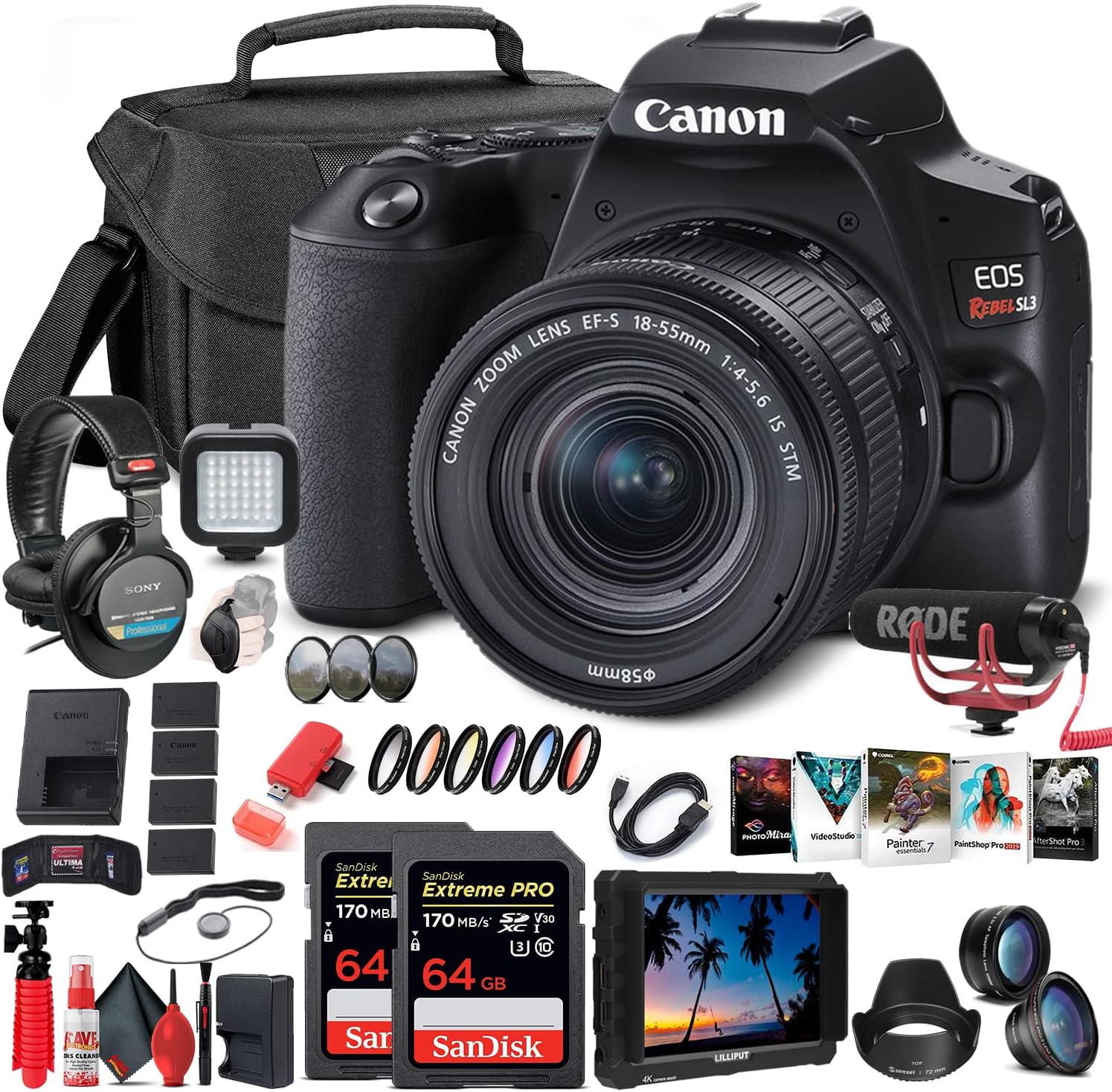 Canon EOS Rebel SL3 DSLR Camera with 18-55mm Lens (Black) (3453C002) + 4K Monitor + Pro Mic + Pro Headphones + 2 x 64GB Memory Card + Color Filter Kit + Case + Filter Kit + More