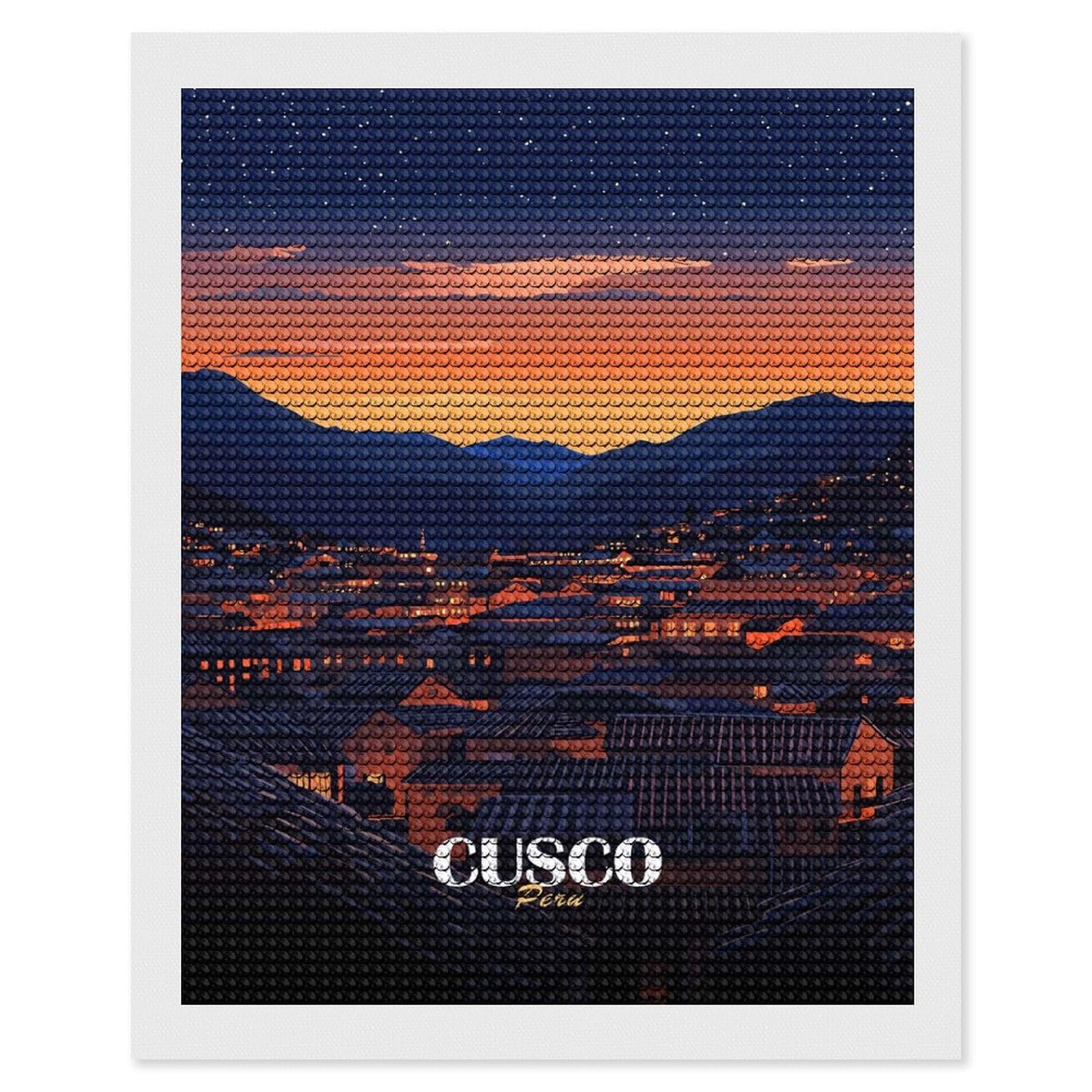 Junmoney Cusco, Peru at Nightfall Diamond Painting Set 16"x20", Neat Printed Canvas, with Tool Kit, Bedroom Decor, Gift Idea, Complete Accessories