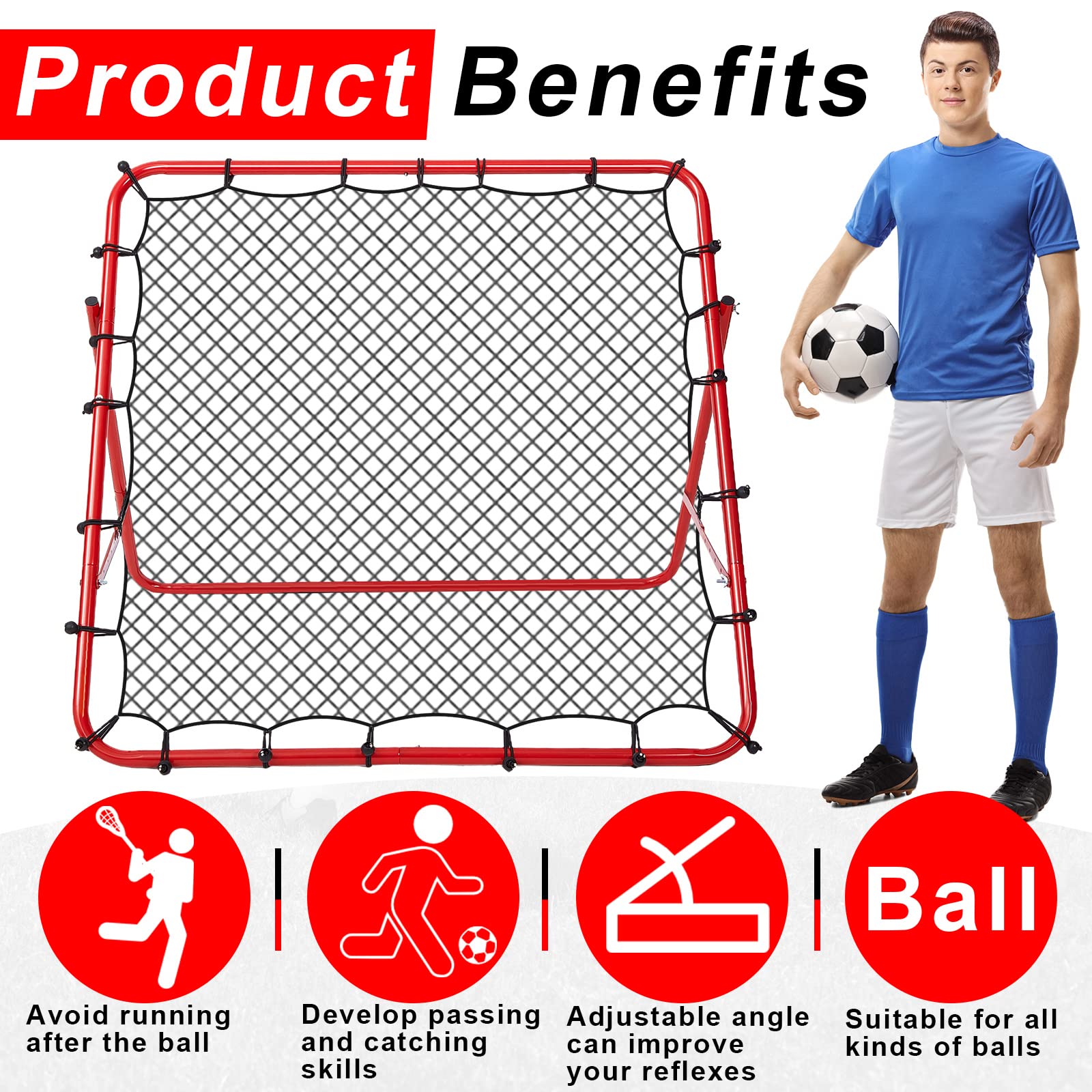 Rete da rimbalzo per calcio, 39,4 x 39,4'', pieghevole, per allenamento, rete da rimbalzo, obiettivo, rete da rimbalzo, regolabile, facile da installare, telaio in ferro, rete da rimbalzo per calci