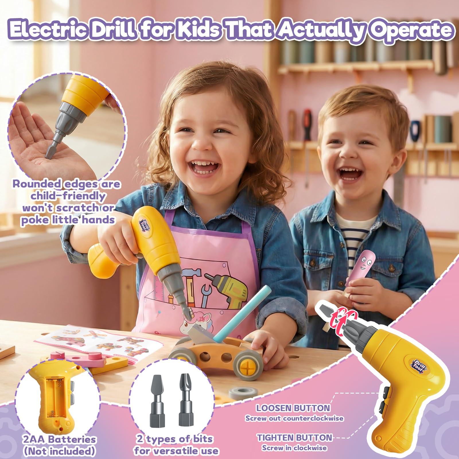 Giochi Bambini 3 Anni, Cassetta Attrezzi Bambini Rosa con 44 pezzi Giochi Bambina Bambino 3 4 Anni Giocattolo Educativi Montessori con Trapano Elettrico e Grembiule Regalo Bambina Bambino 3 4 5 Anni
