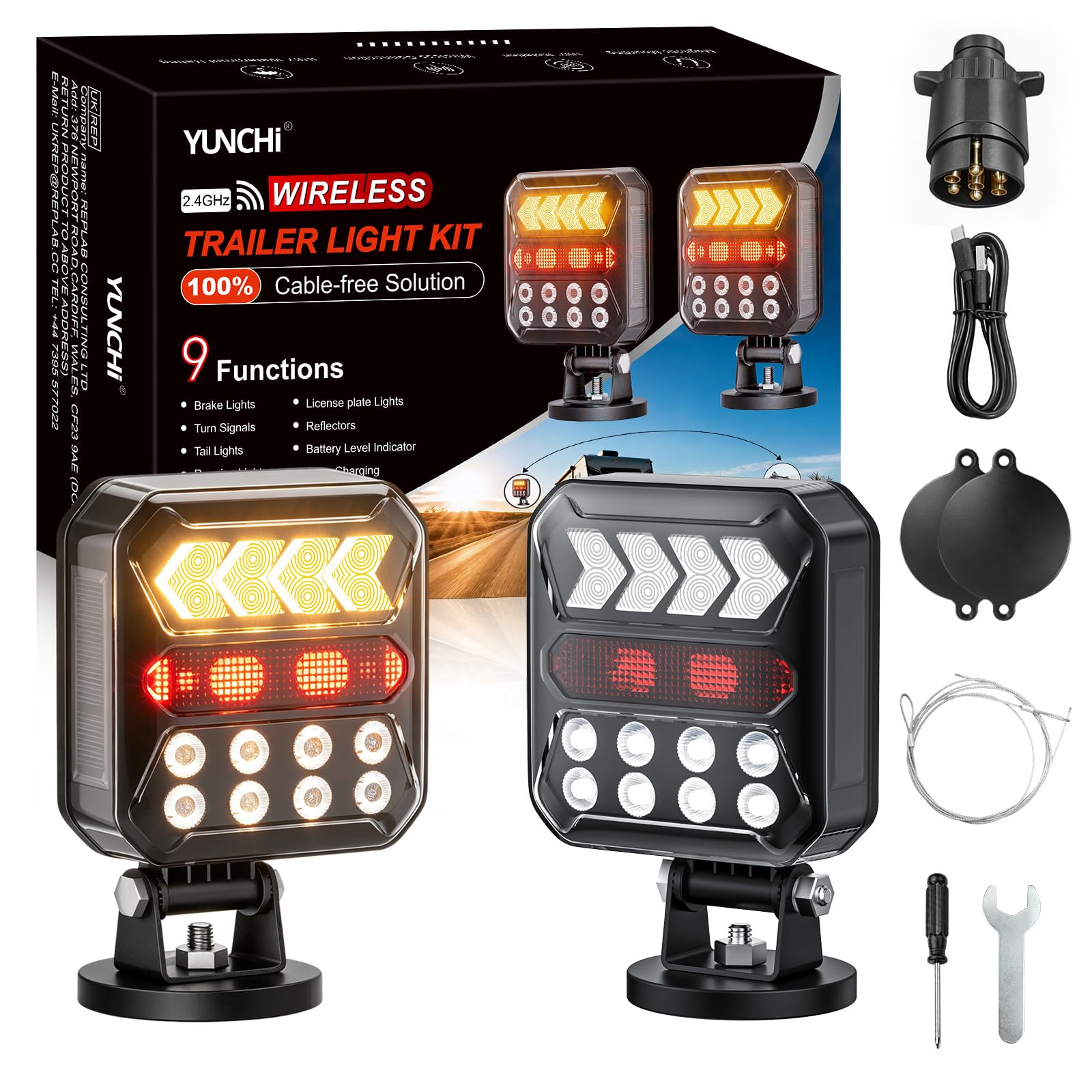 Fanali posteriori wireless per rimorchio, luci posteriori magnetiche a LED con luce di freno/lampeggiante/retromarcia, ricaricabile, 3000 mAh, inclinabile a 180°, IP67, impermeabile, 7 pin, per auto